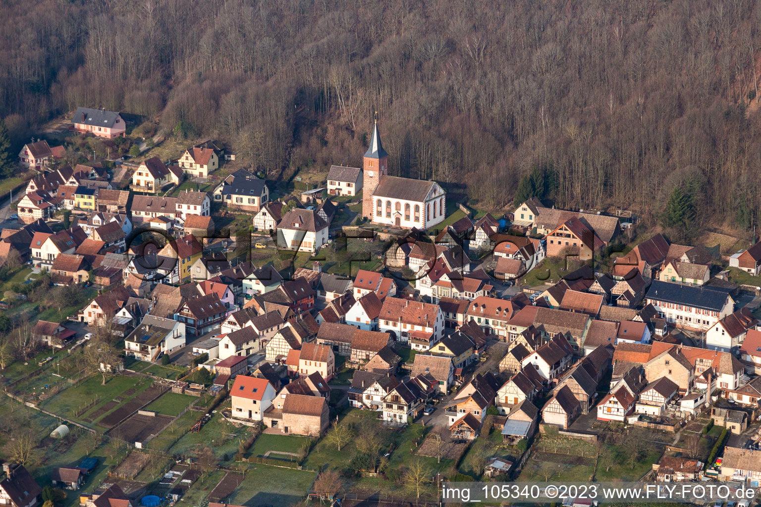 Aerial view of Ernolsheim-lès-Saverne in the state Bas-Rhin, France