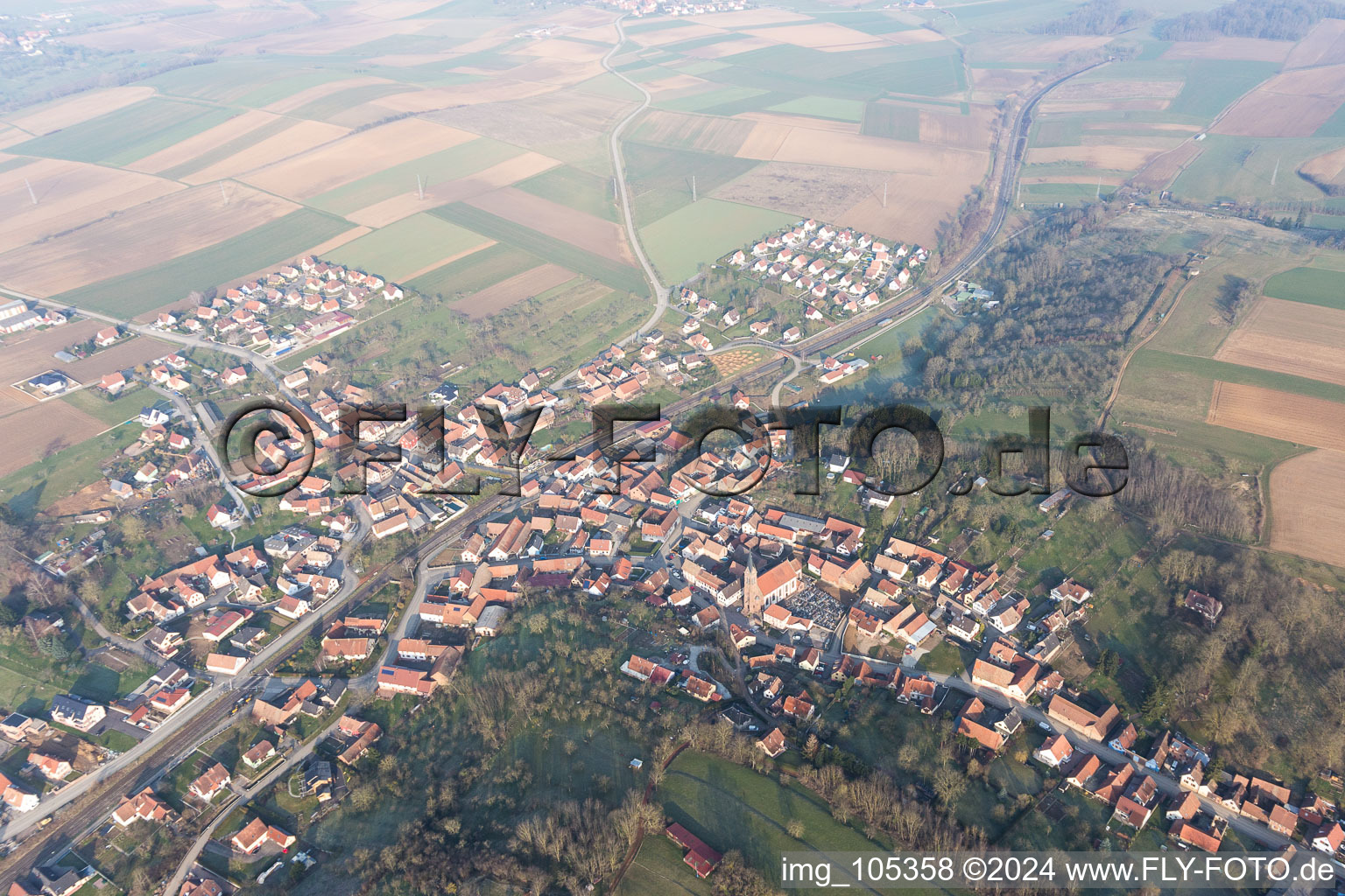 Aerial view of Ettendorf in the state Bas-Rhin, France