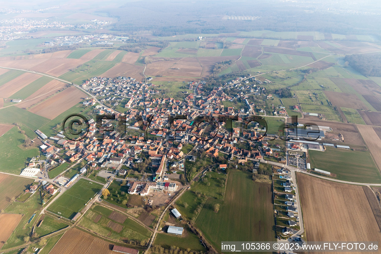 Aerial view of Dauendorf in the state Bas-Rhin, France