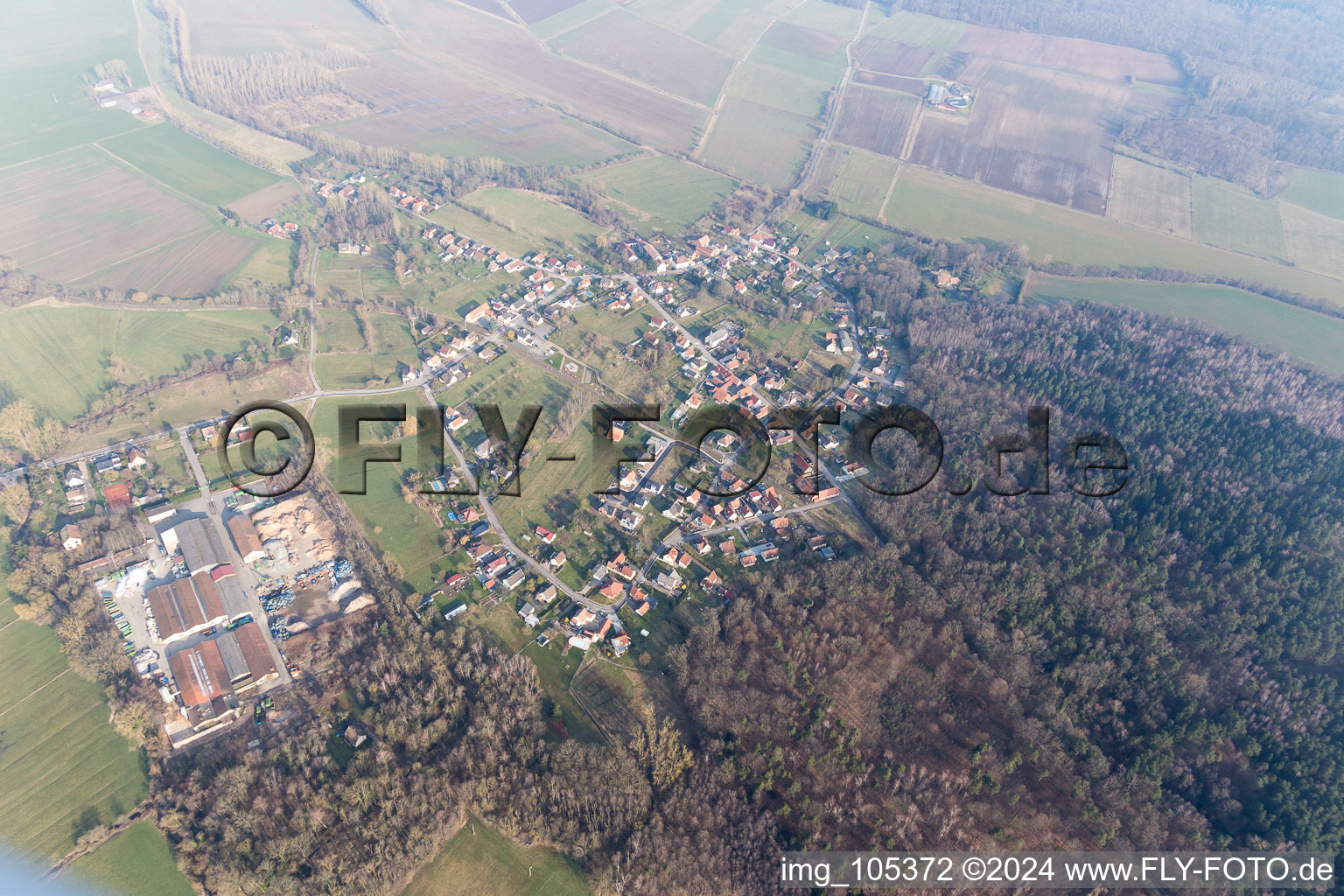 Biblisheim in the state Bas-Rhin, France from above