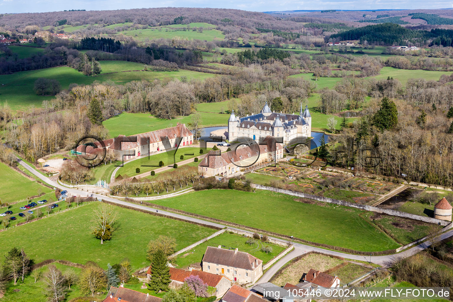 Water castle Château Sully in Burgundy in Sully in the state Saone et Loire, France from above