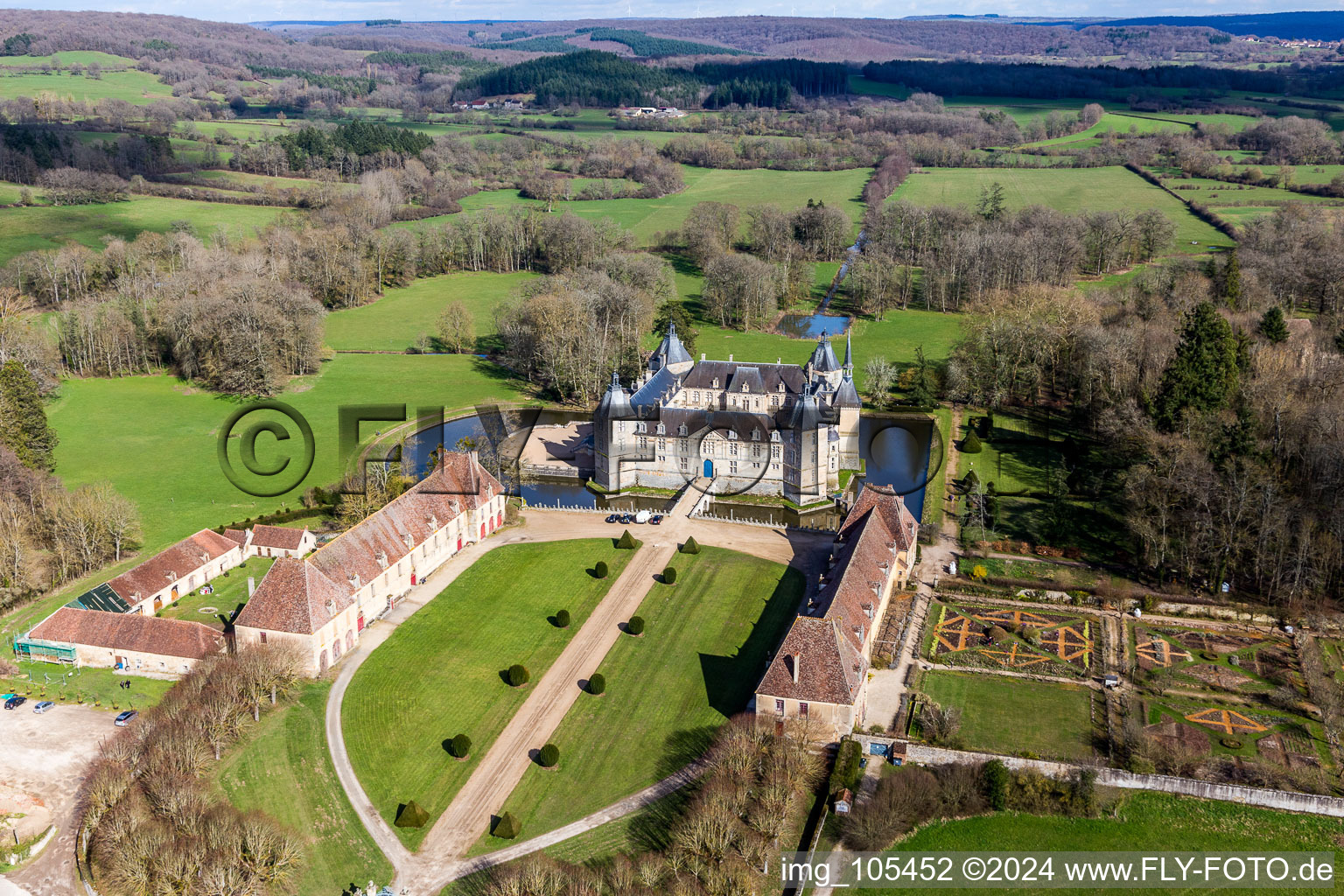 Oblique view of Building and castle park systems of water castle Sully in Sully in Bourgogne-Franche-Comte, France