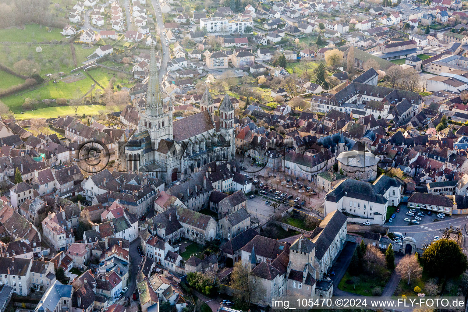 Aerial view of Church building of the medieval cathedral of Saint-Lazare in Autun in Bourgogne-Franche-Comte, France