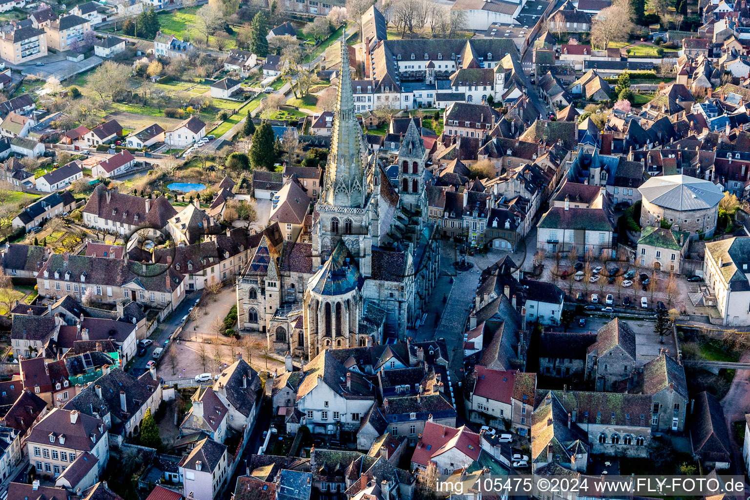 Aerial photograpy of Church building of the medieval cathedral of Saint-Lazare in Autun in Bourgogne-Franche-Comte, France