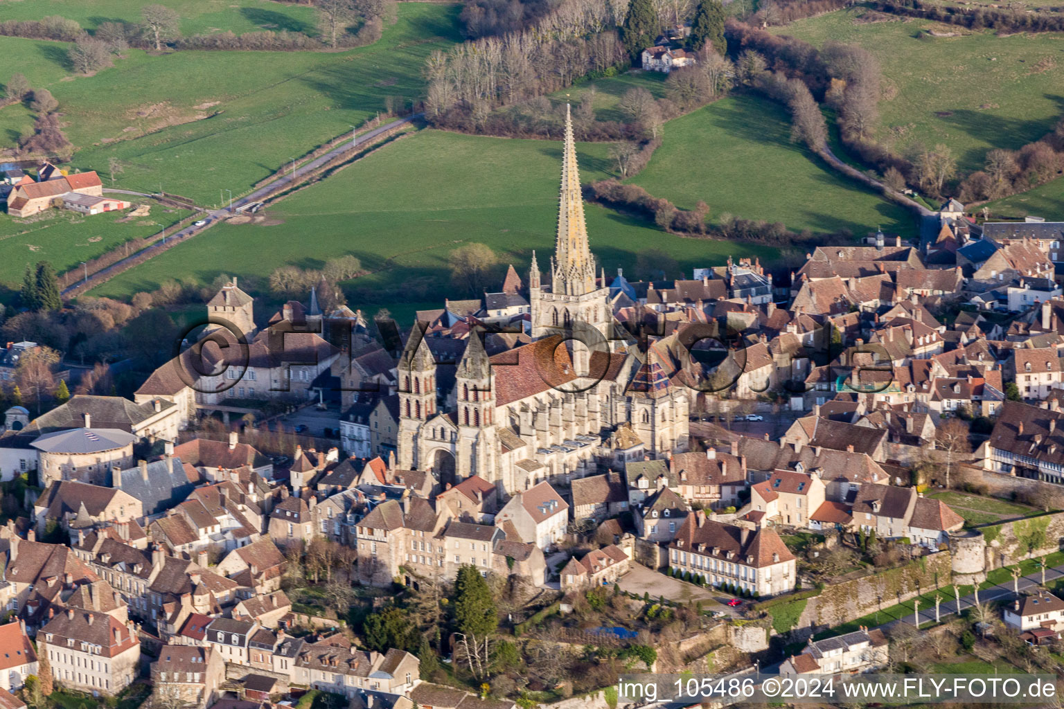 Oblique view of Church building of the medieval cathedral of Saint-Lazare in Autun in Bourgogne-Franche-Comte, France