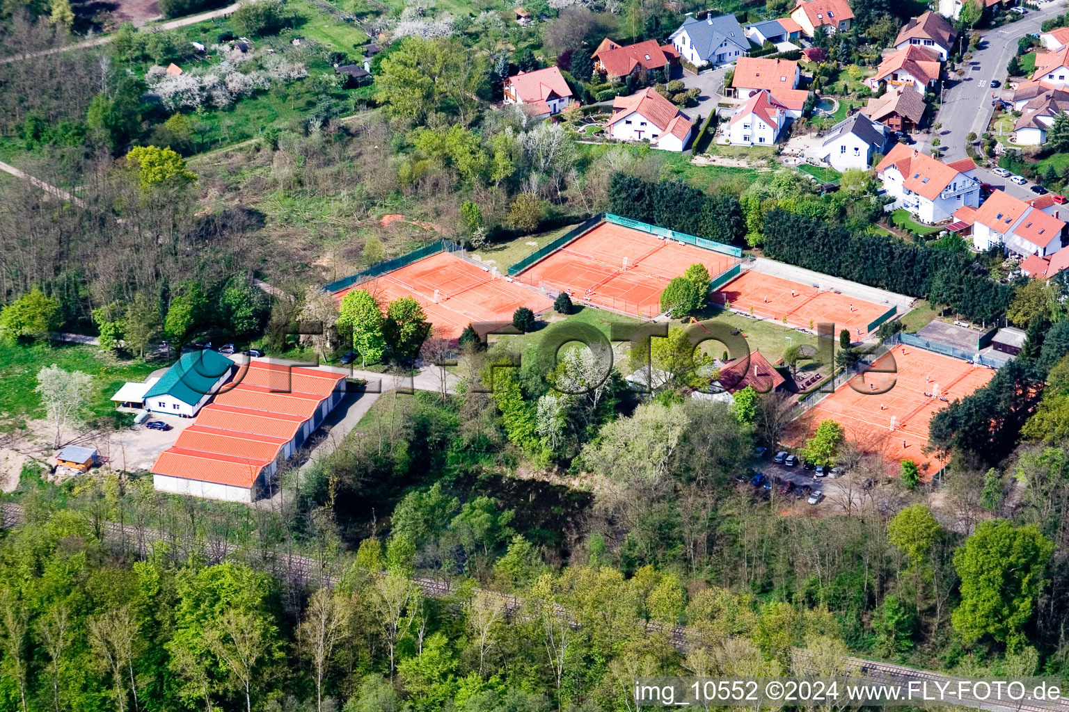 Tennis club in Jockgrim in the state Rhineland-Palatinate, Germany from the plane