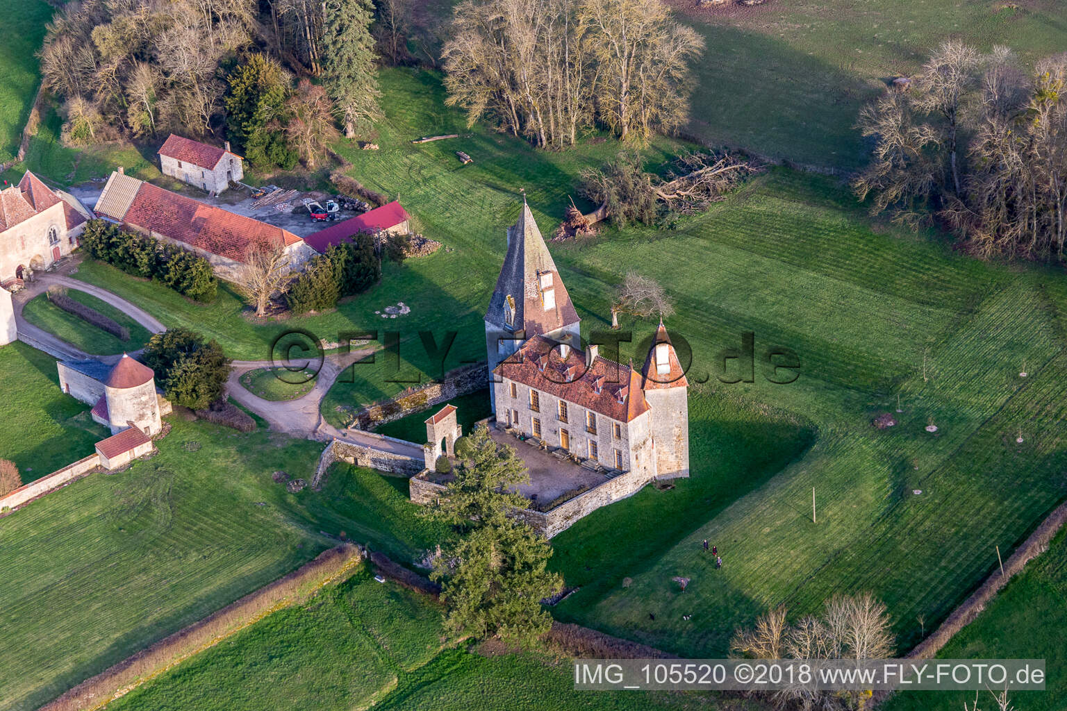 Aerial photograpy of Château de Morlet in Burgundy in Morlet in the state Saone et Loire, France