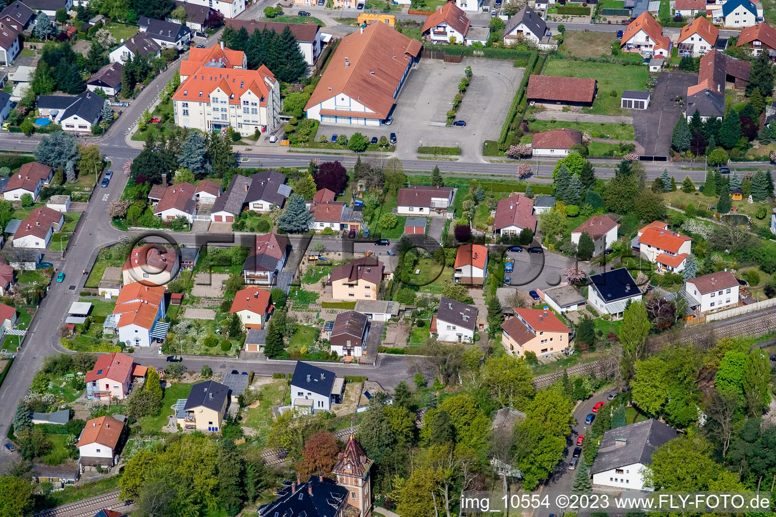 Oblique view of Germersheimer Street, Kandeler Street in Jockgrim in the state Rhineland-Palatinate, Germany