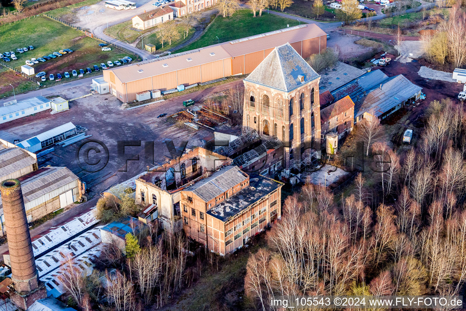 Aerial view of Demolition work on the conveyors and mining pits at the former headframe of iron foundry in Epinac in Bourgogne-Franche-Comte, France