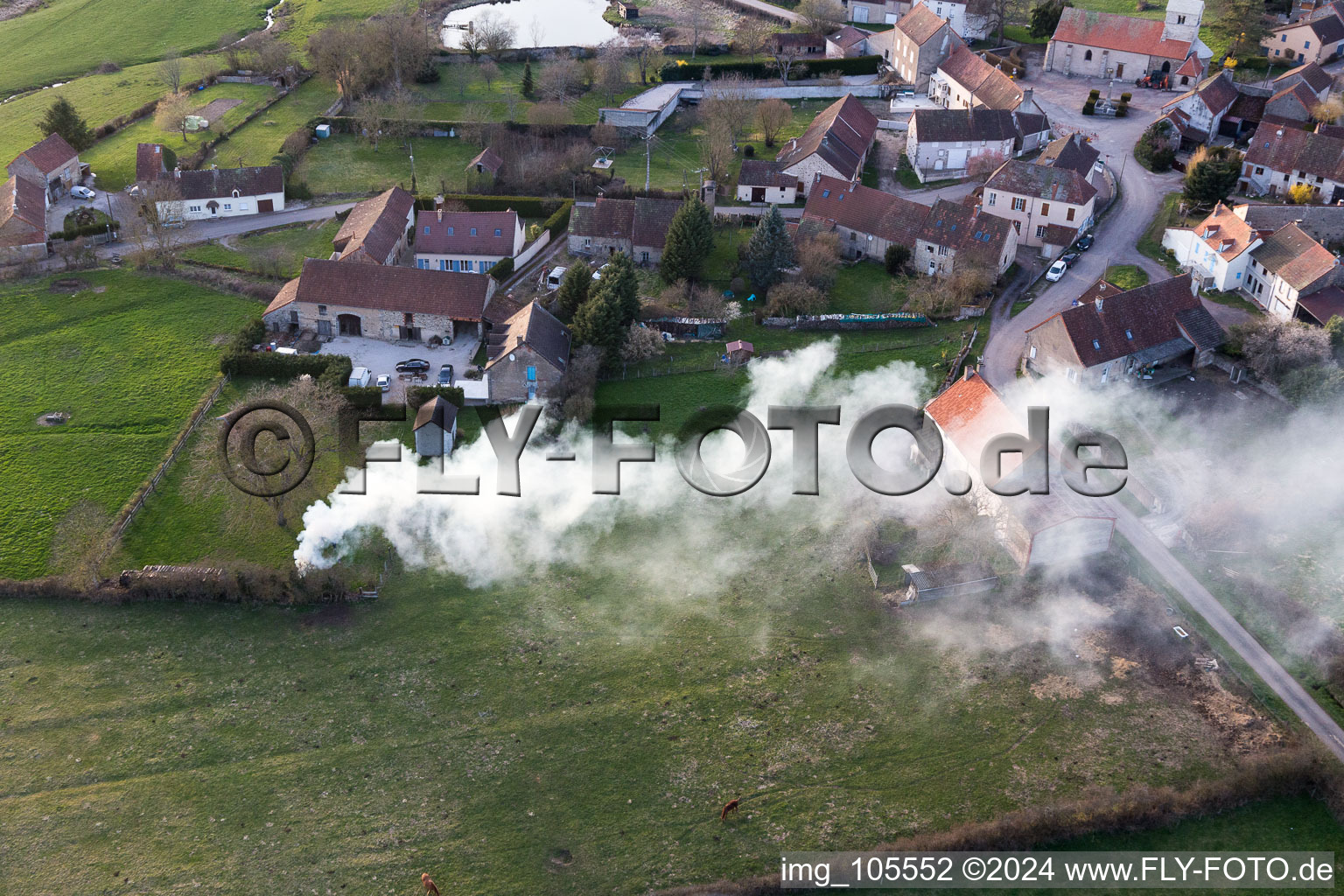 Aerial view of (Burgundy), fire in Saisy in the state Saone et Loire, France