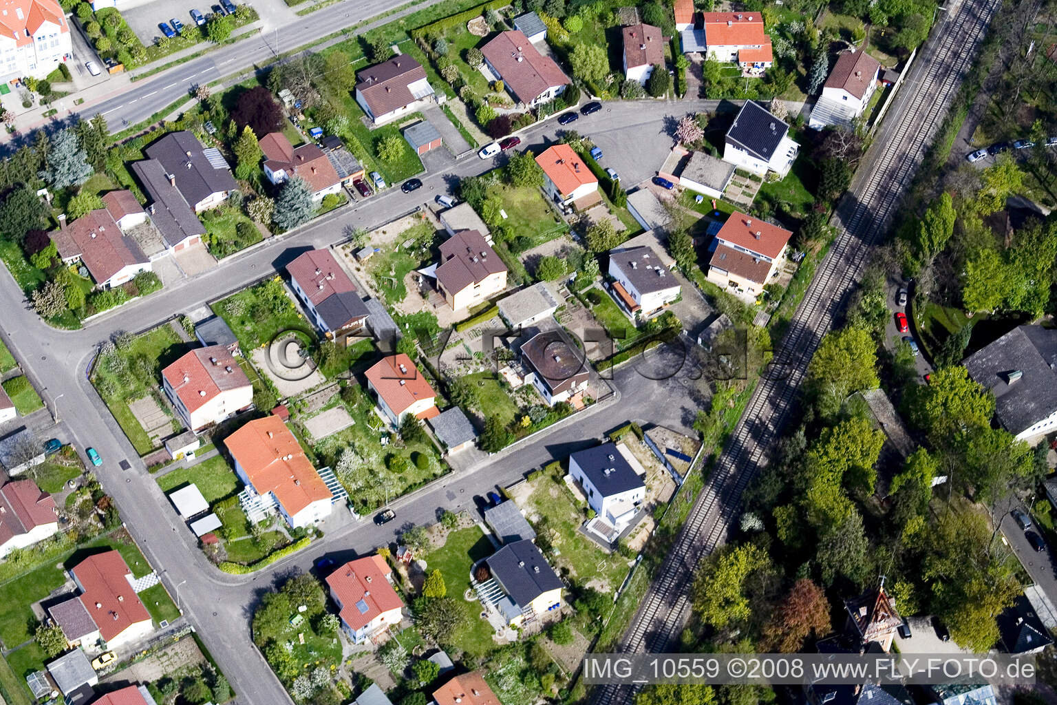 Aerial view of Germersheimer Street in Jockgrim in the state Rhineland-Palatinate, Germany