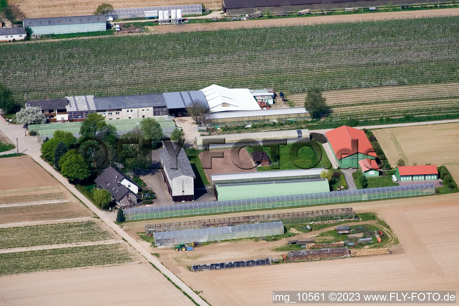 Aerial view of Zapf fruit farm in Kandel in the state Rhineland-Palatinate, Germany