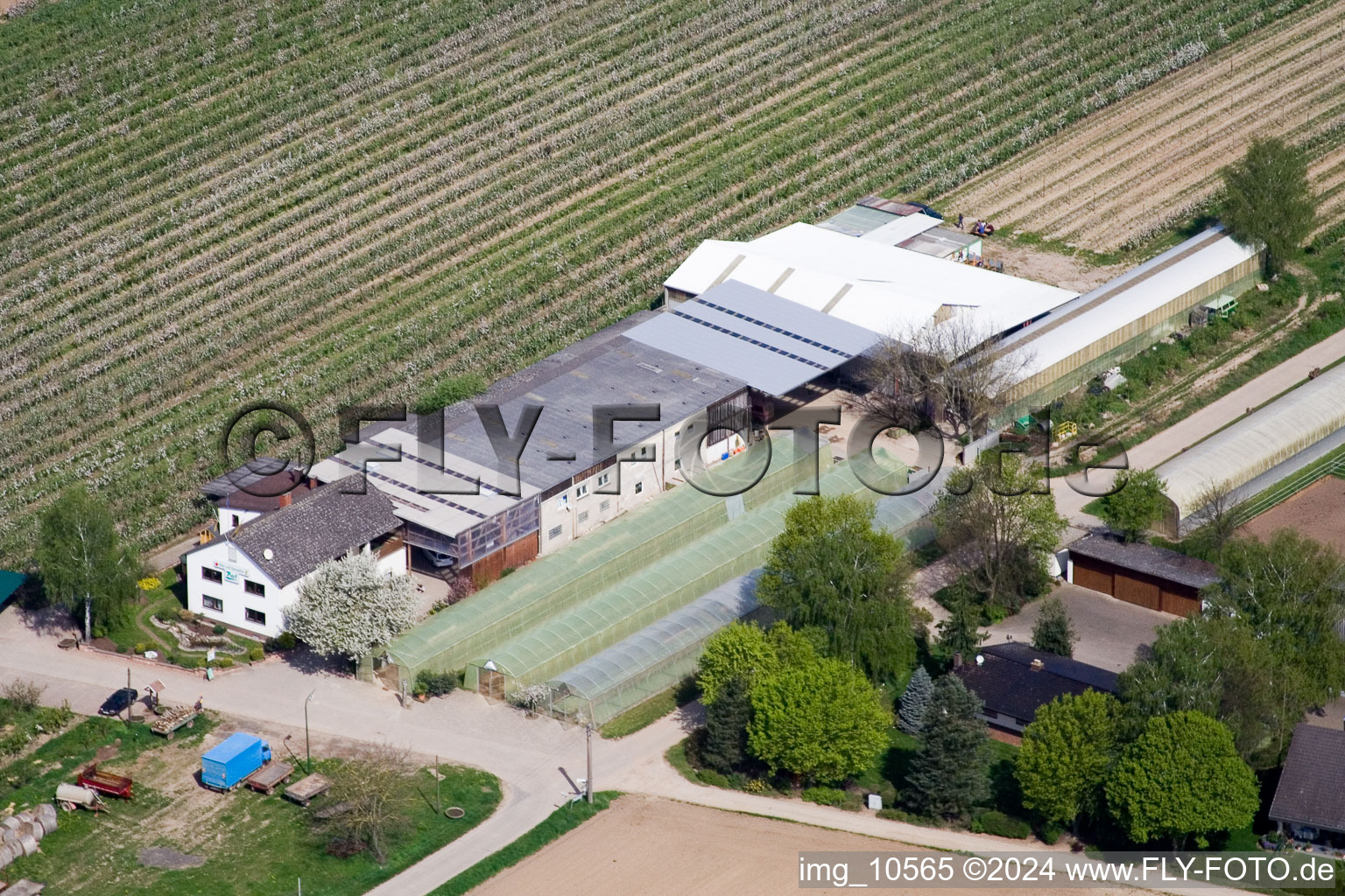 Aerial view of Zapf fruit and vegetable farm in Kandel in the state Rhineland-Palatinate, Germany