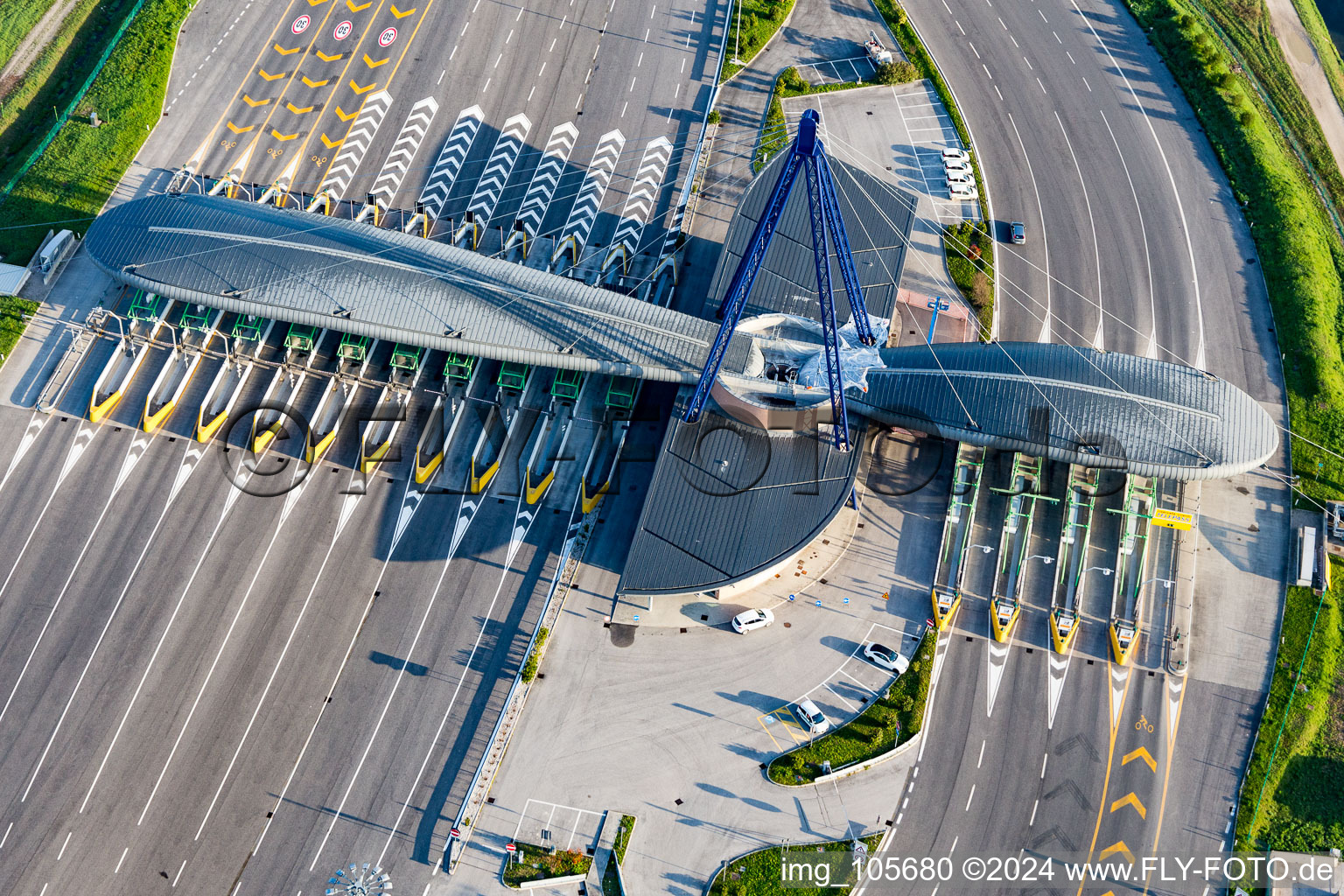 Aerial photograpy of Highway toll station and paying agent of the A 4 (Punto Blu) in Ronchis in Friuli-Venezia Giulia, Italy