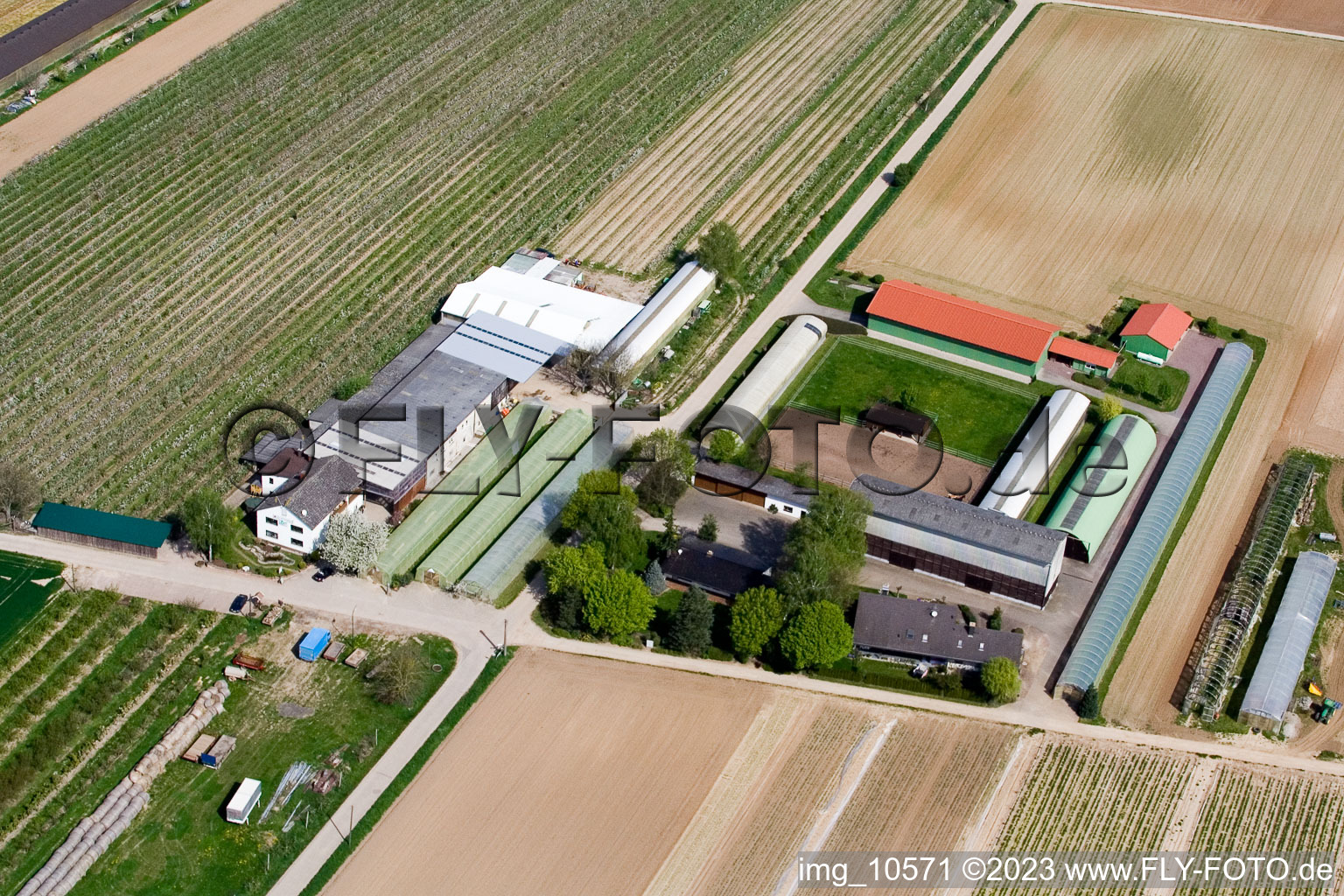 Zapf fruit farm in Kandel in the state Rhineland-Palatinate, Germany seen from above
