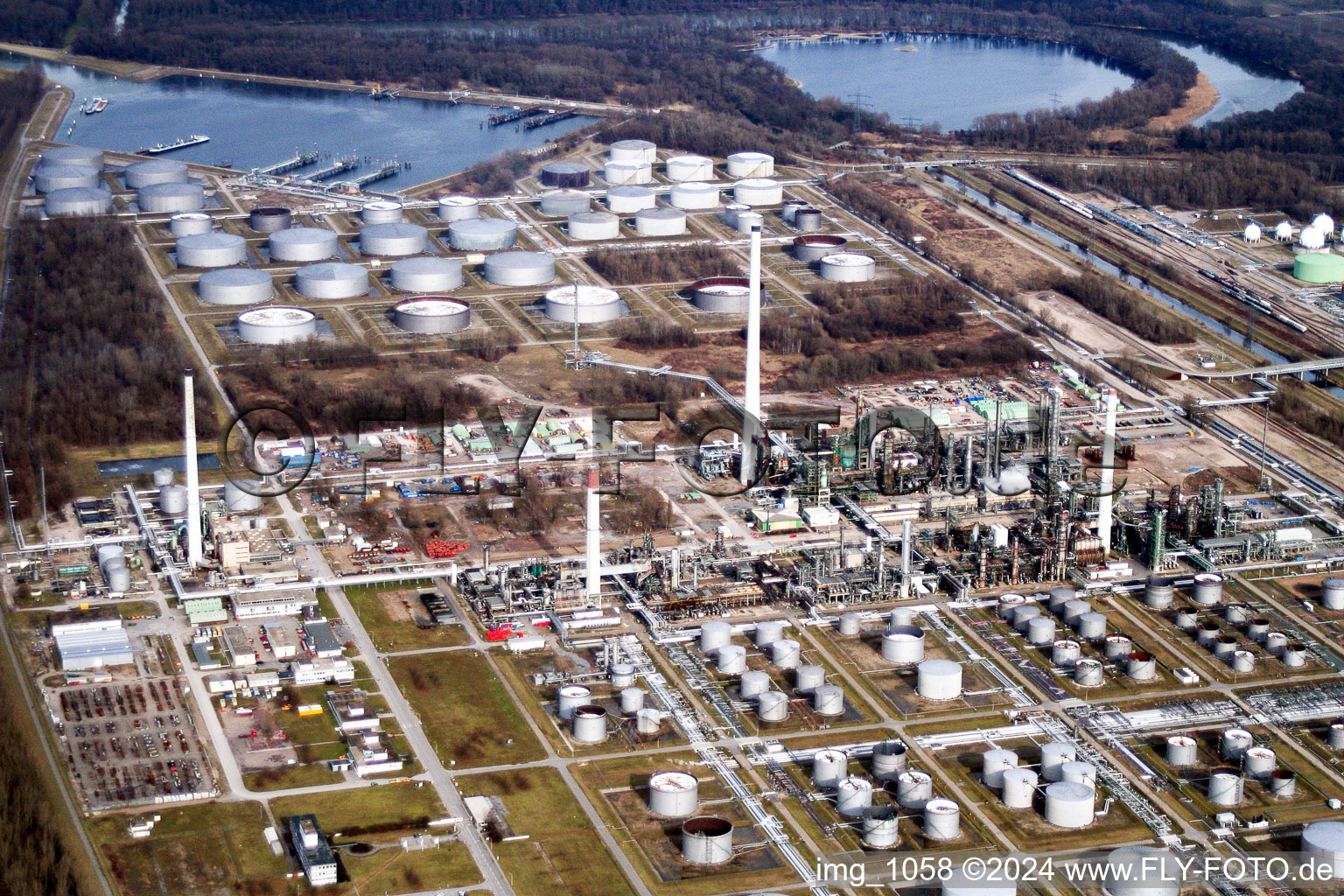 Aerial view of Refinery on the Rhine in the district Knielingen in Karlsruhe in the state Baden-Wuerttemberg, Germany