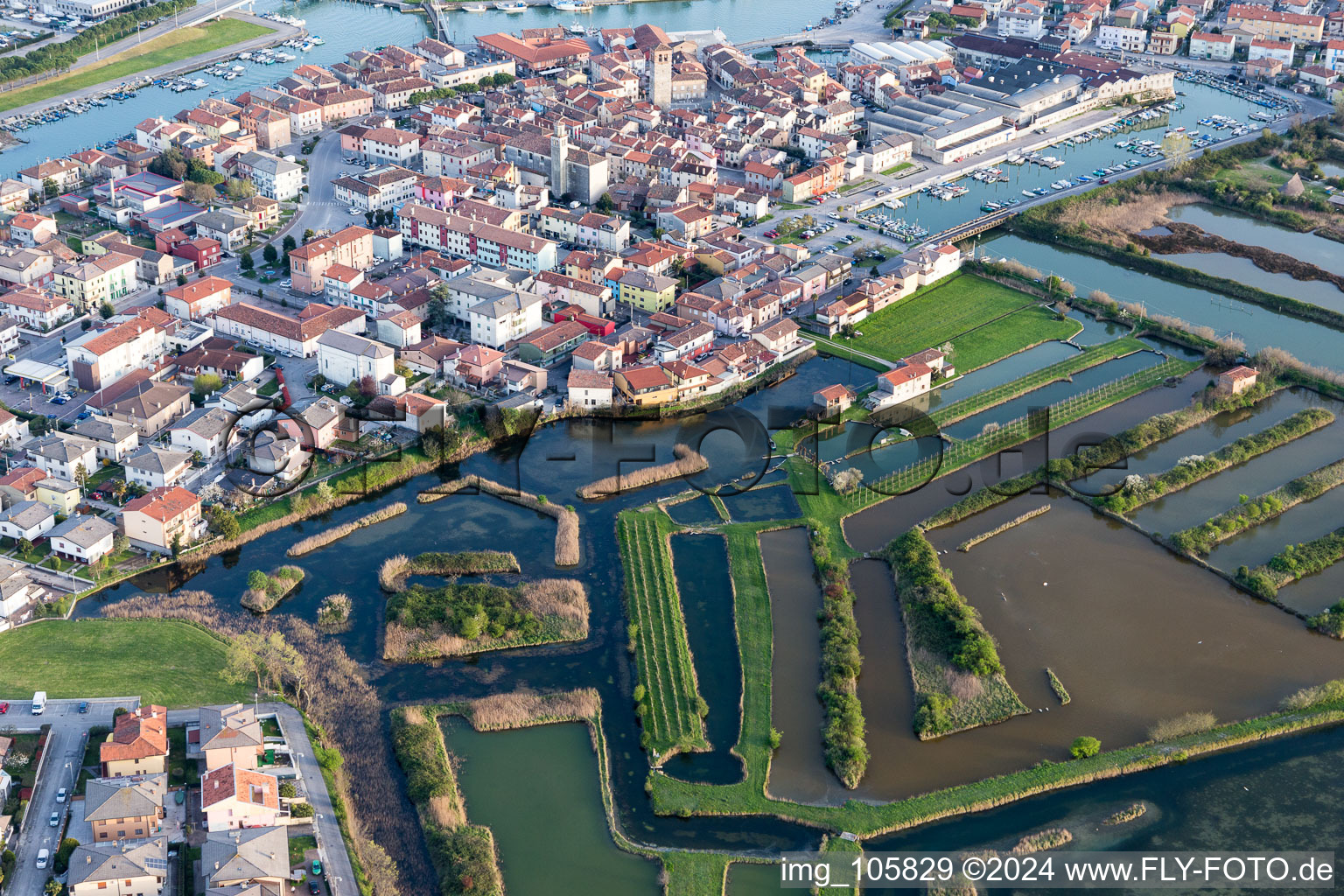 Aerial view of Marano in the state Friuli Venezia Giulia, Italy