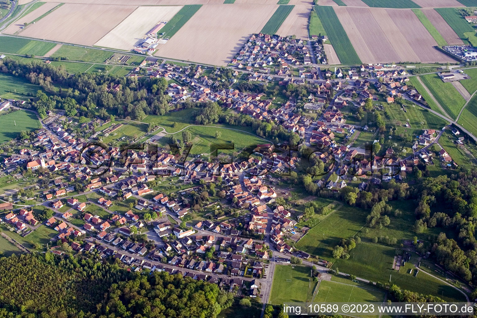 Scheibenhard in the state Bas-Rhin, France from above