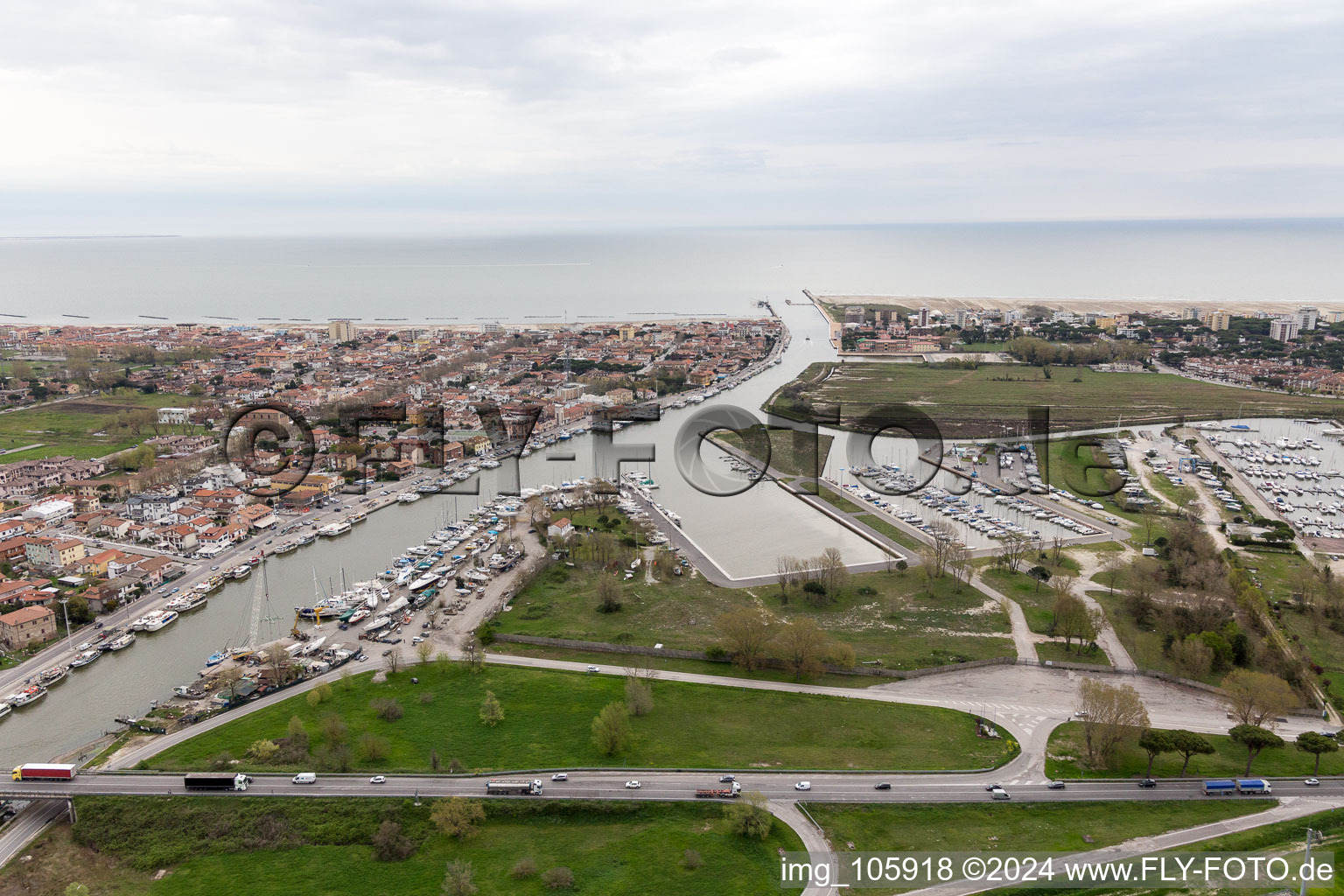 Bird's eye view of Porto Garibaldi in the state Emilia Romagna, Italy