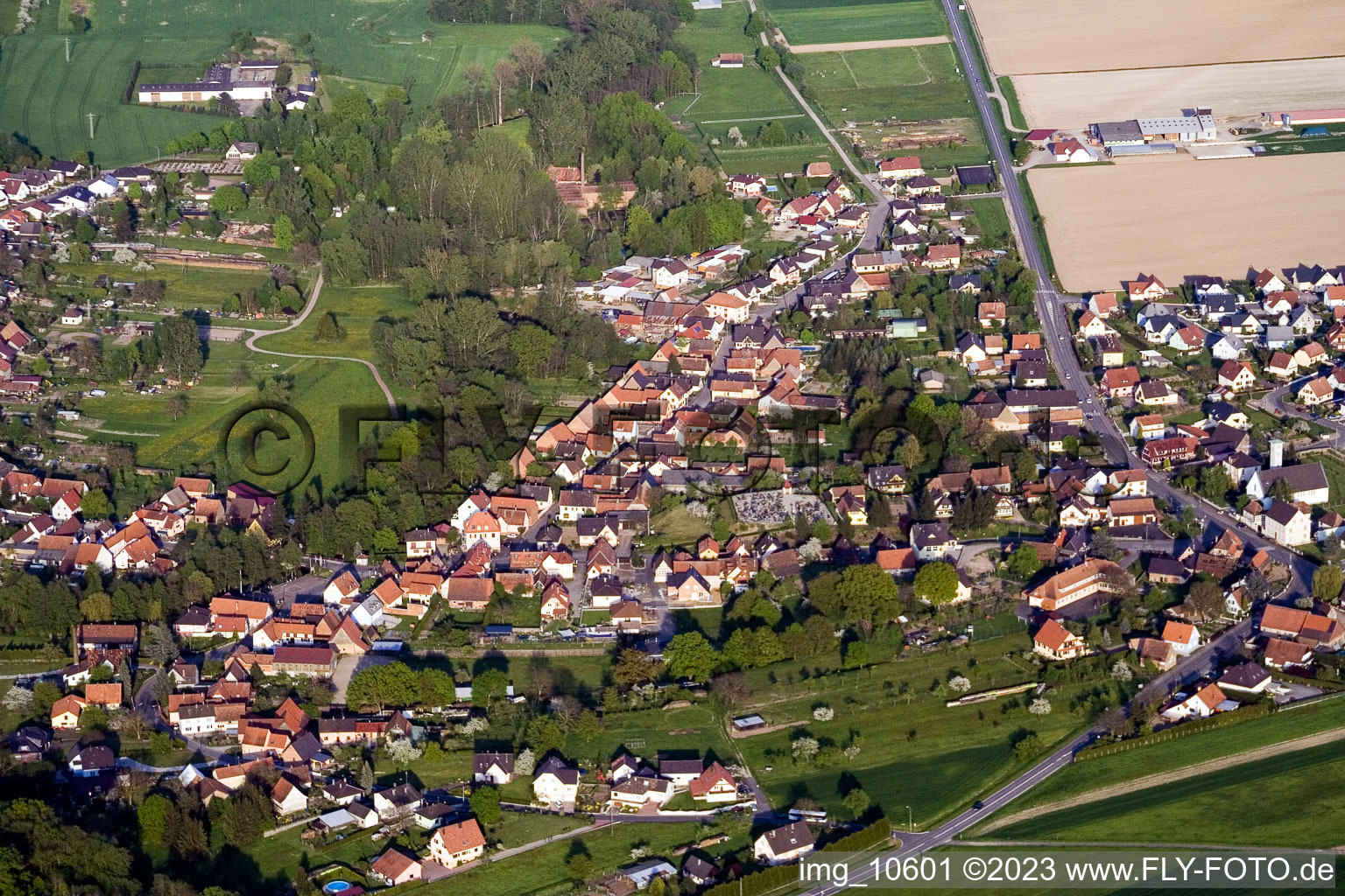 Scheibenhard in the state Bas-Rhin, France viewn from the air