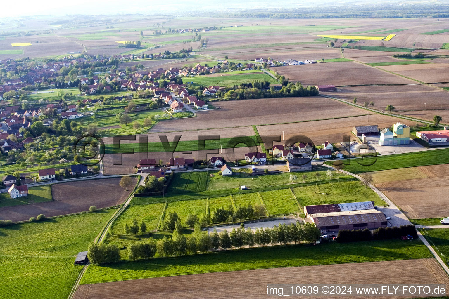 Aerial view of Niederseebach in Seebach in the state Bas-Rhin, France