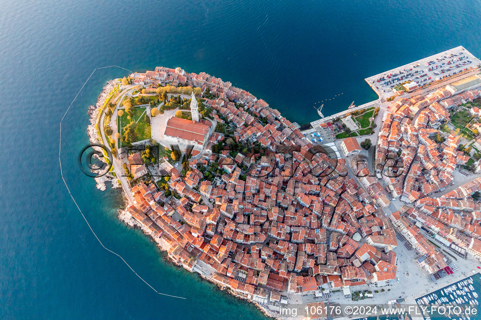 Aerial view of Townscape on the seacoast of the Mediterranean sea in Rovinj in Istarska zupanija, Croatia