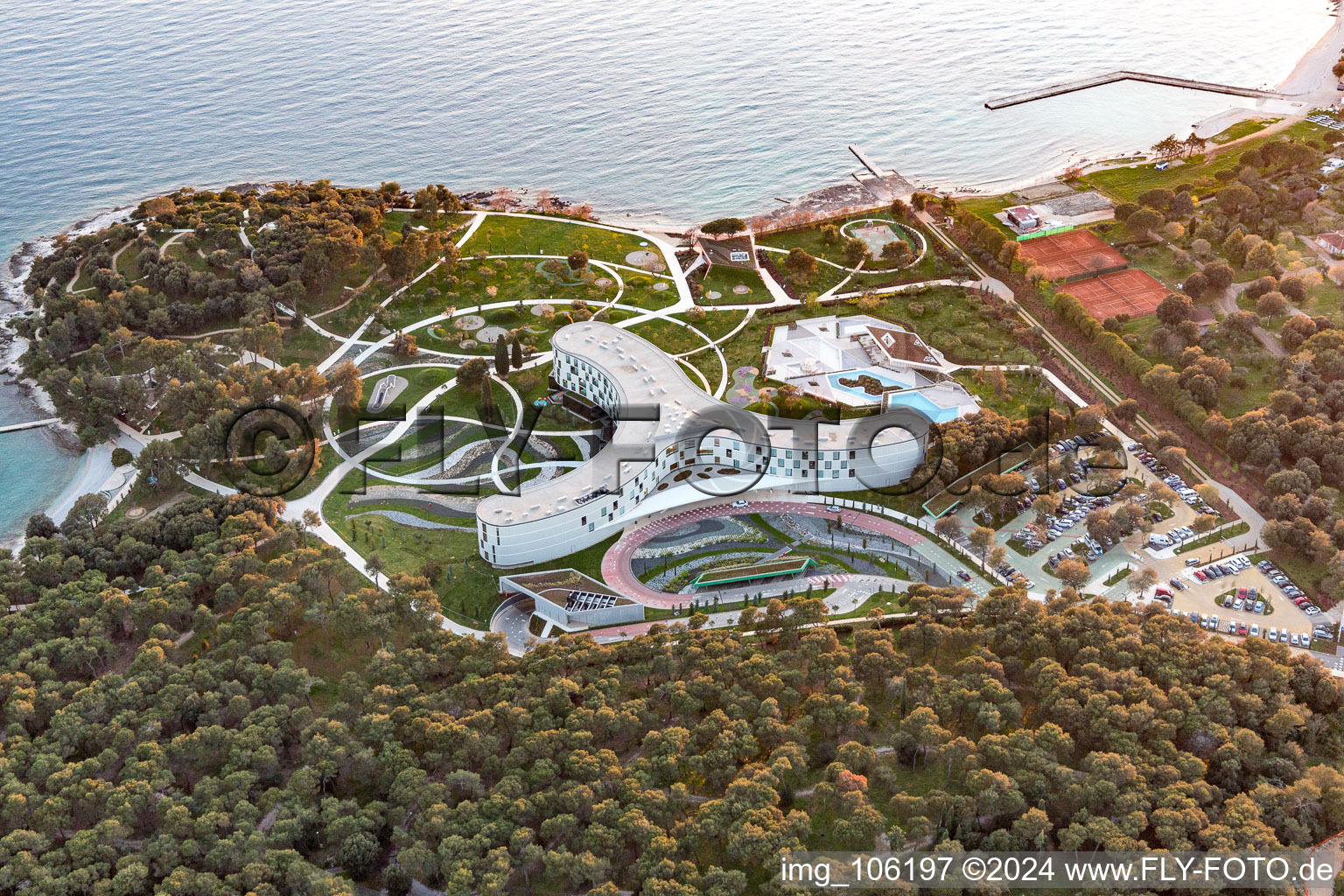 Three armes of the of the hotel building and its parc of Family Hotel Amarin at the Adriatic sea in Rovinj in Istria- Istarska zupanija, Croatia