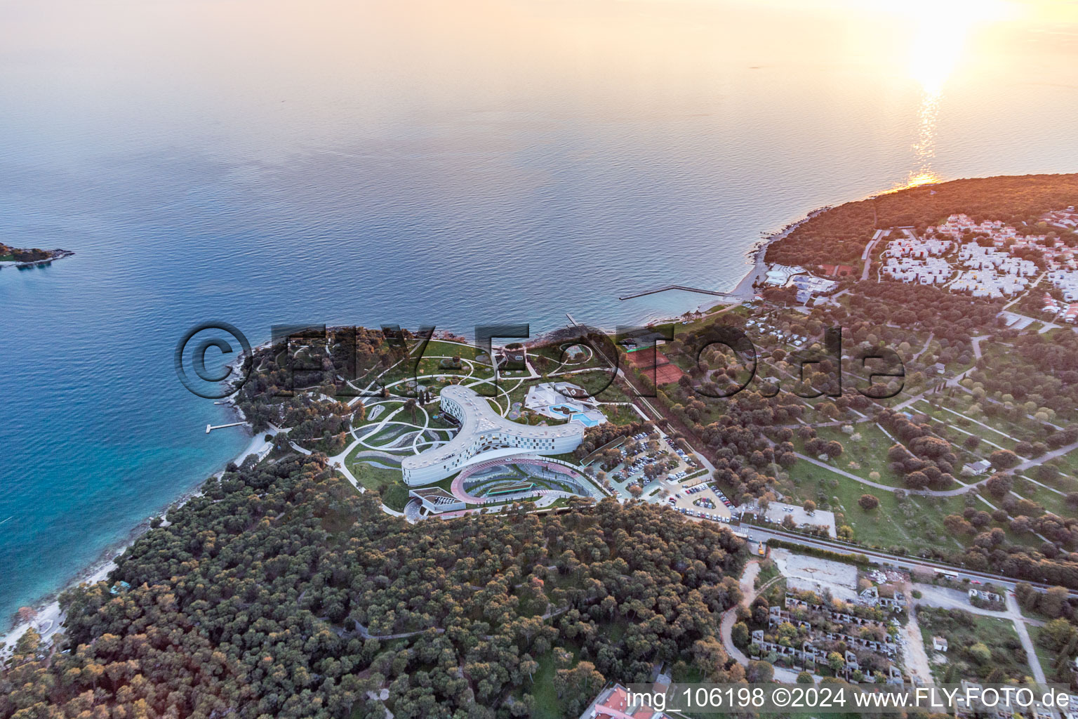 Aerial view of Three armes of the of the hotel building and its parc of Family Hotel Amarin at the Adriatic sea in Rovinj in Istria- Istarska zupanija, Croatia