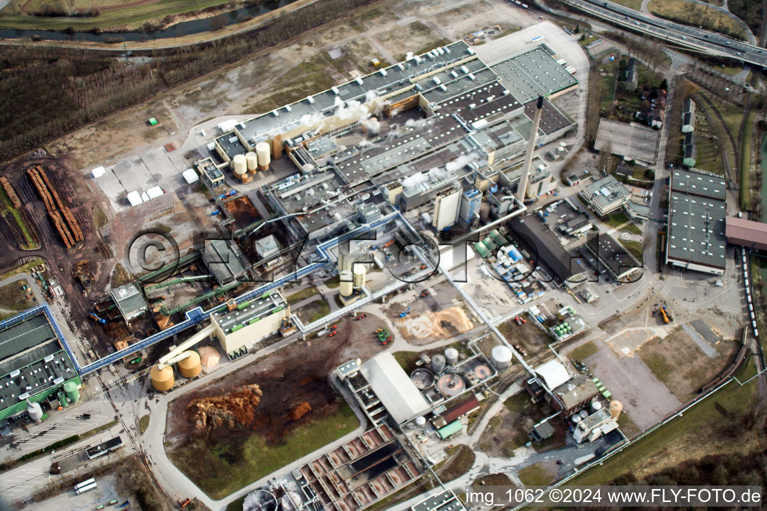 Aerial view of Stora Enso paper mill in the district Knielingen in Karlsruhe in the state Baden-Wuerttemberg, Germany