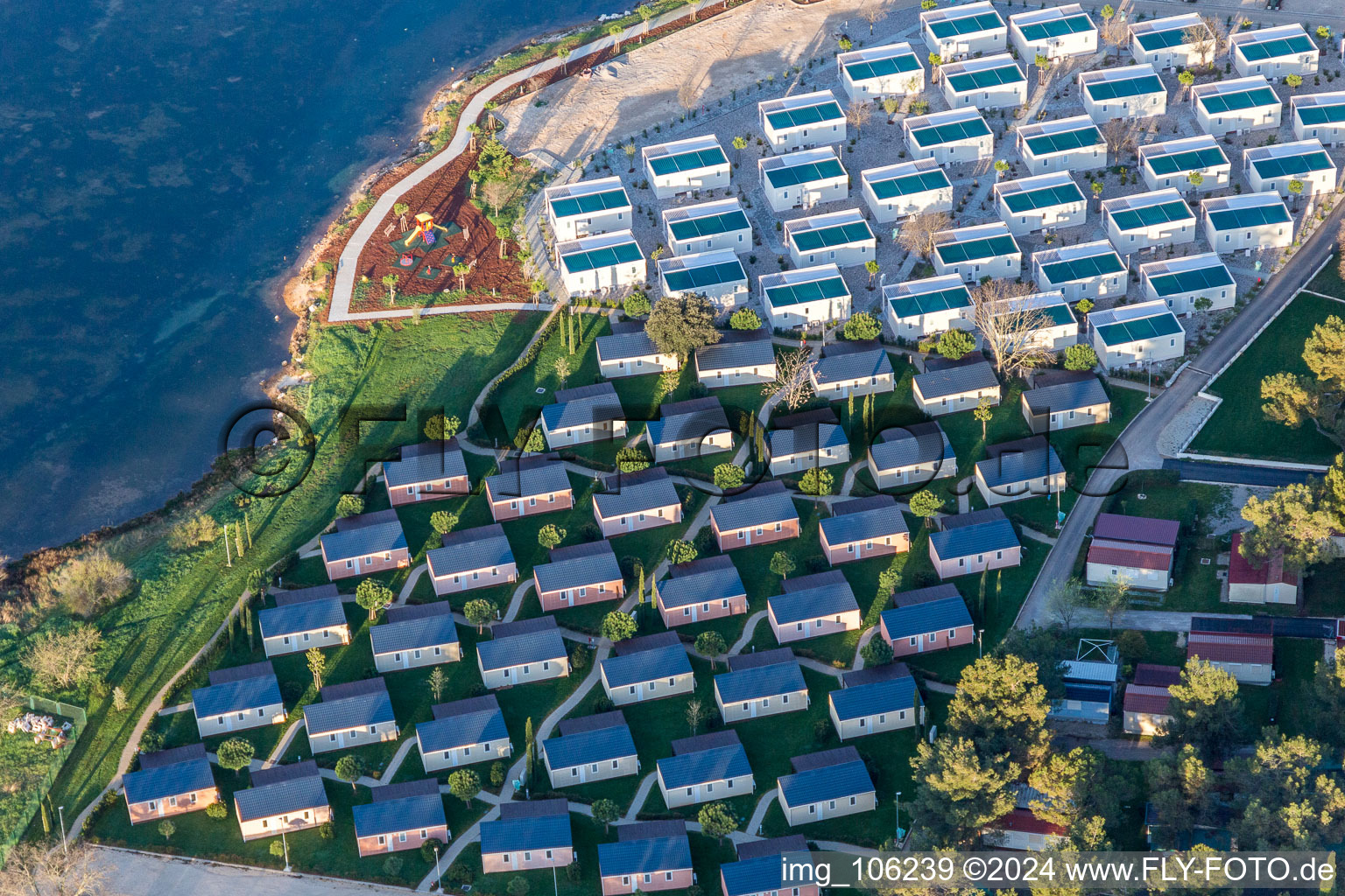 Aerial view of Holiday house plant of the park Valkanela on the Adriatic coast in Vrsar in Istria- Istarska zupanija, Croatia