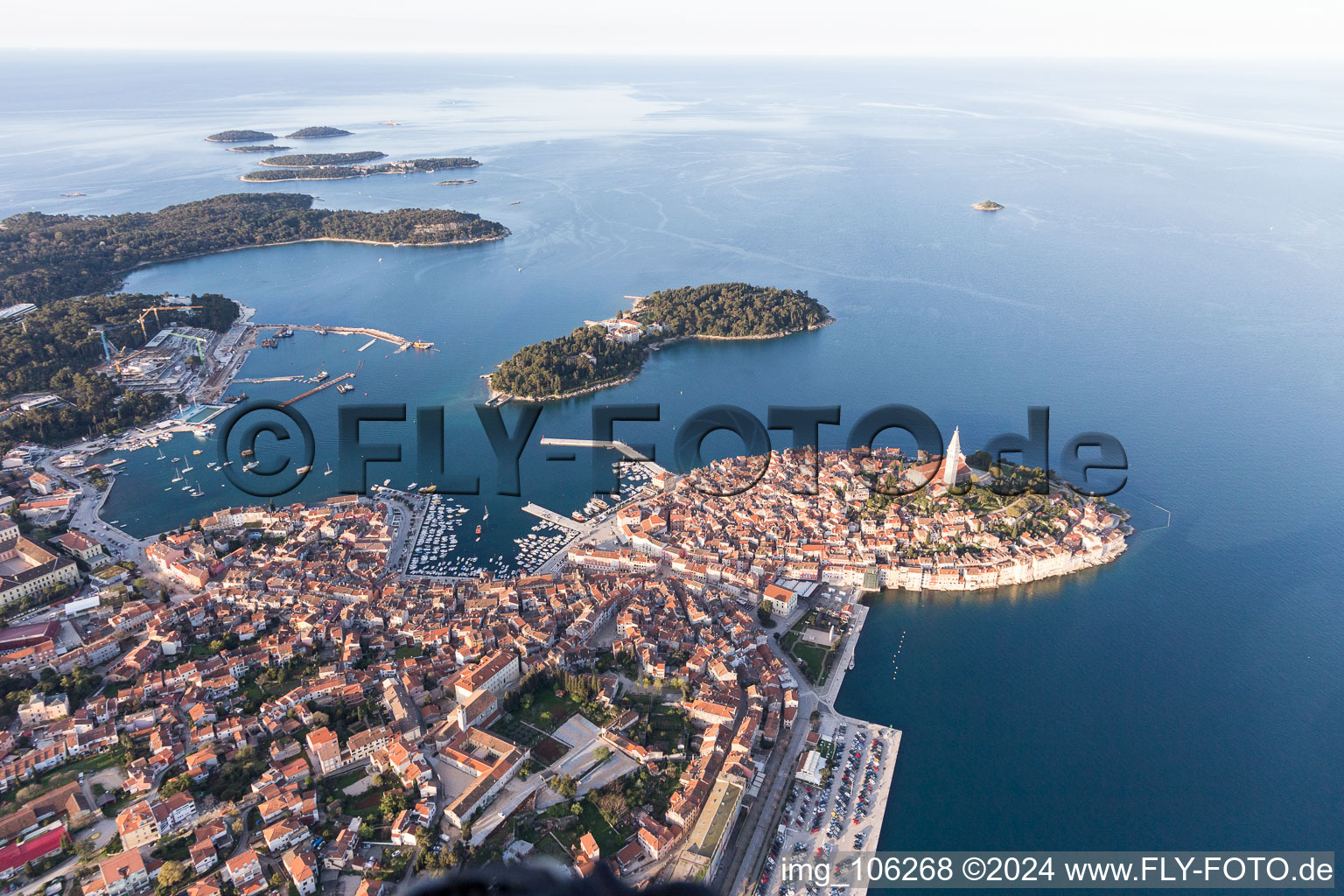 Aerial photograpy of Townscape on the seacoast of the Mediterranean sea in Rovinj in Istarska zupanija, Croatia