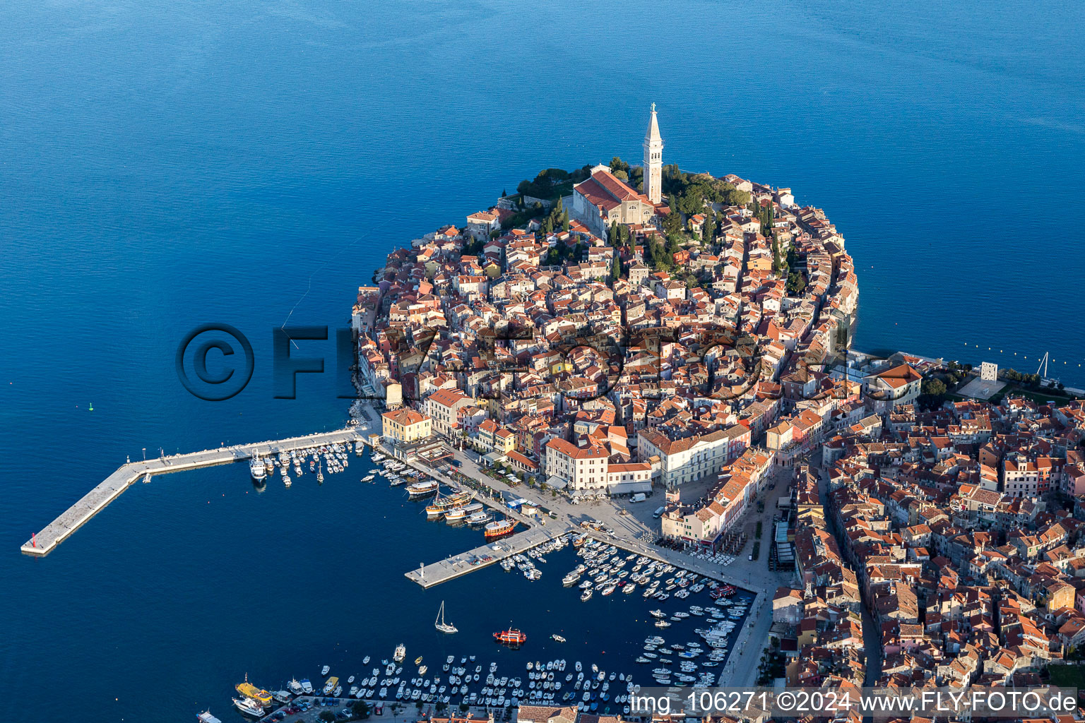 Oblique view of Townscape on the seacoast of the Mediterranean sea in Rovinj in Istarska zupanija, Croatia