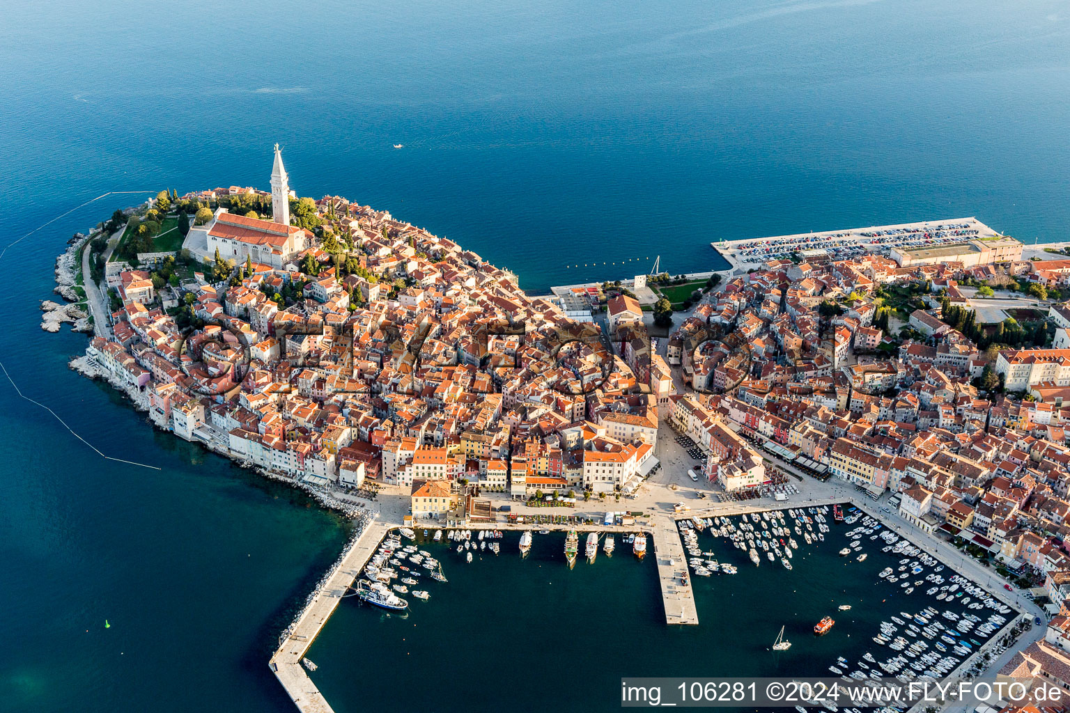 Townscape on the seacoast of the Mediterranean sea in Rovinj in Istarska zupanija, Croatia from above