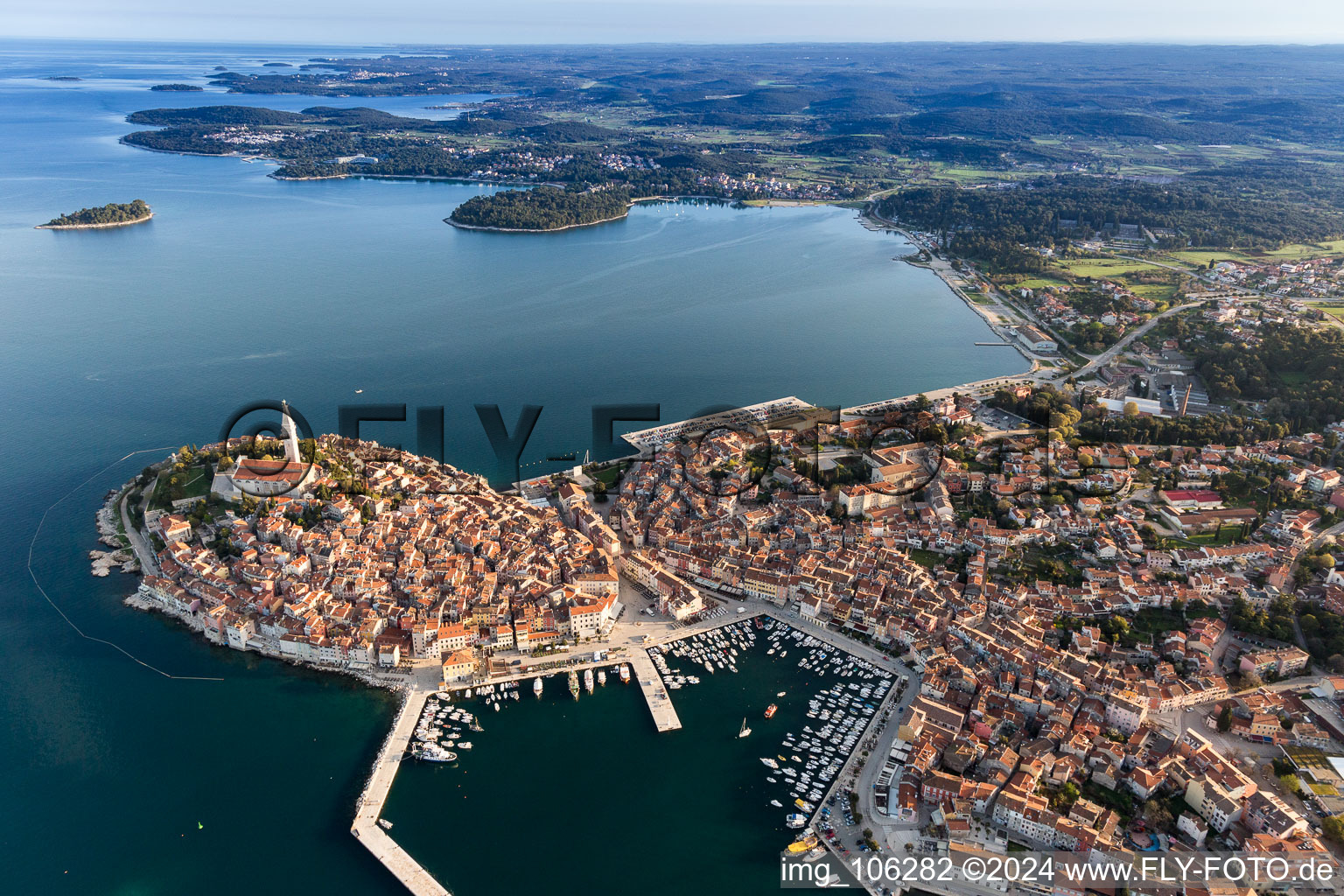 Townscape on the seacoast of the Mediterranean sea in Rovinj in Istarska zupanija, Croatia out of the air