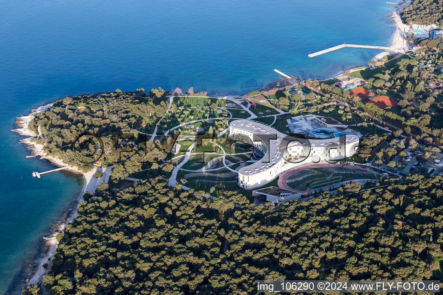 Aerial photograpy of Three armes of the of the hotel building and its parc of Family Hotel Amarin at the Adriatic sea in Rovinj in Istria- Istarska zupanija, Croatia