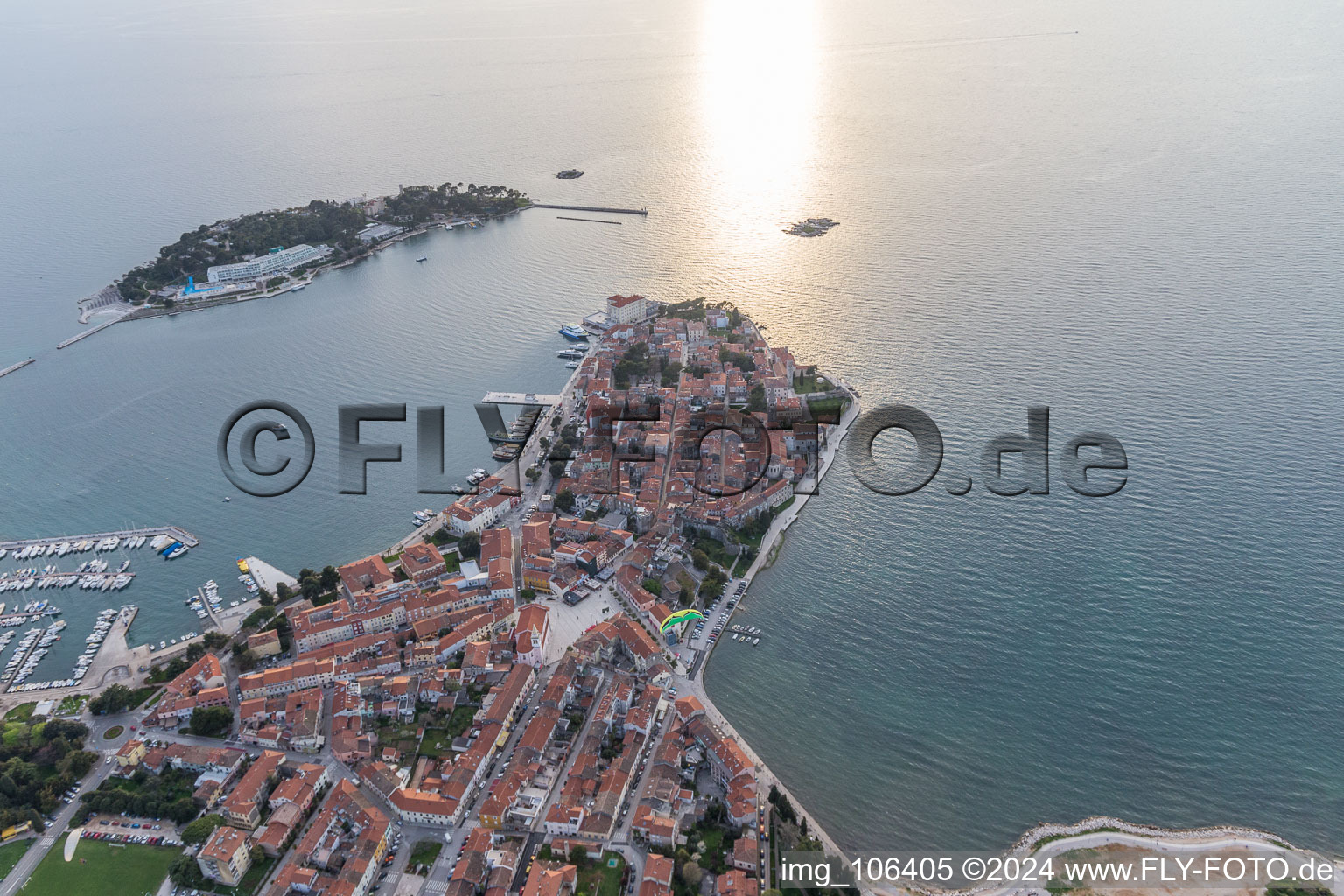 Drone recording of Poreč in the state Gespanschaft Istrien, Croatia