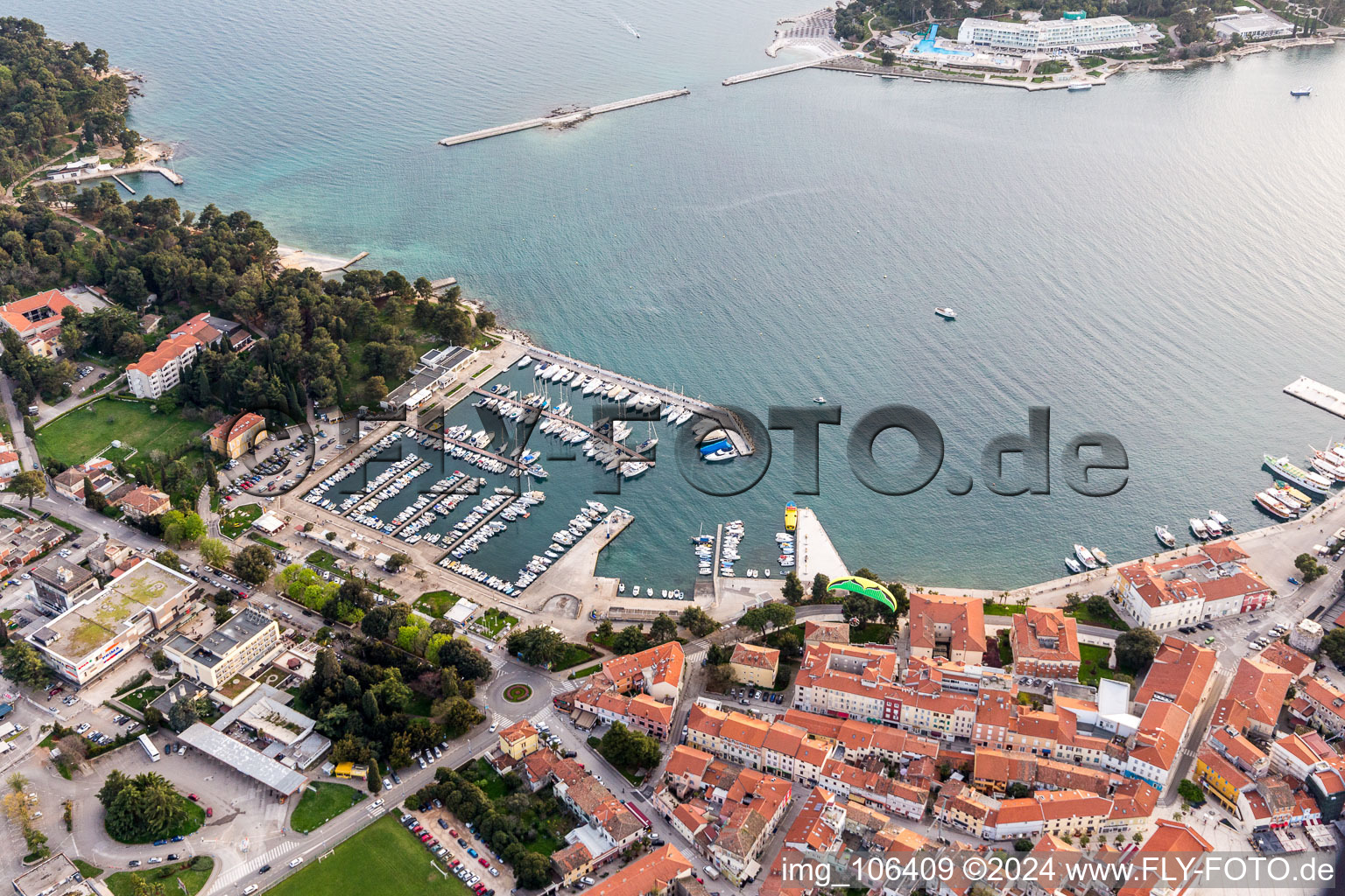 Poreč in the state Gespanschaft Istrien, Croatia from a drone