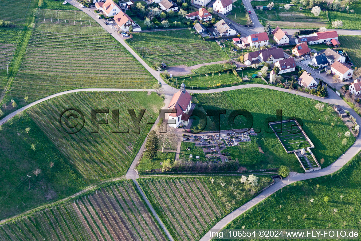 Oblique view of St. Dionysius Chapel in the district Gleiszellen in Gleiszellen-Gleishorbach in the state Rhineland-Palatinate, Germany