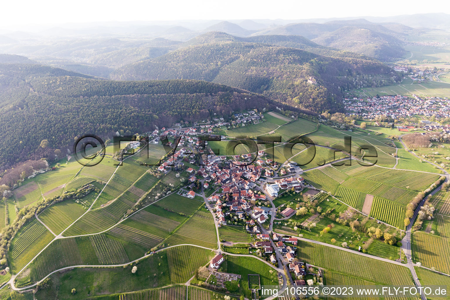 District Gleiszellen in Gleiszellen-Gleishorbach in the state Rhineland-Palatinate, Germany seen from a drone