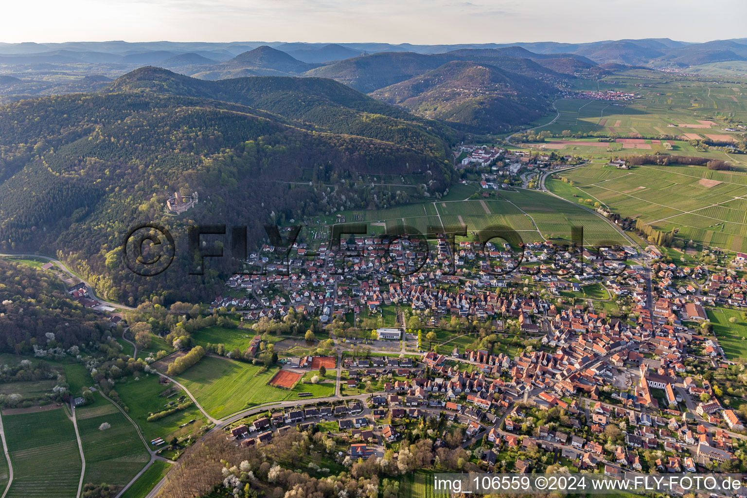 Oblique view of Landeck Castle Ruins in Klingenmünster in the state Rhineland-Palatinate, Germany