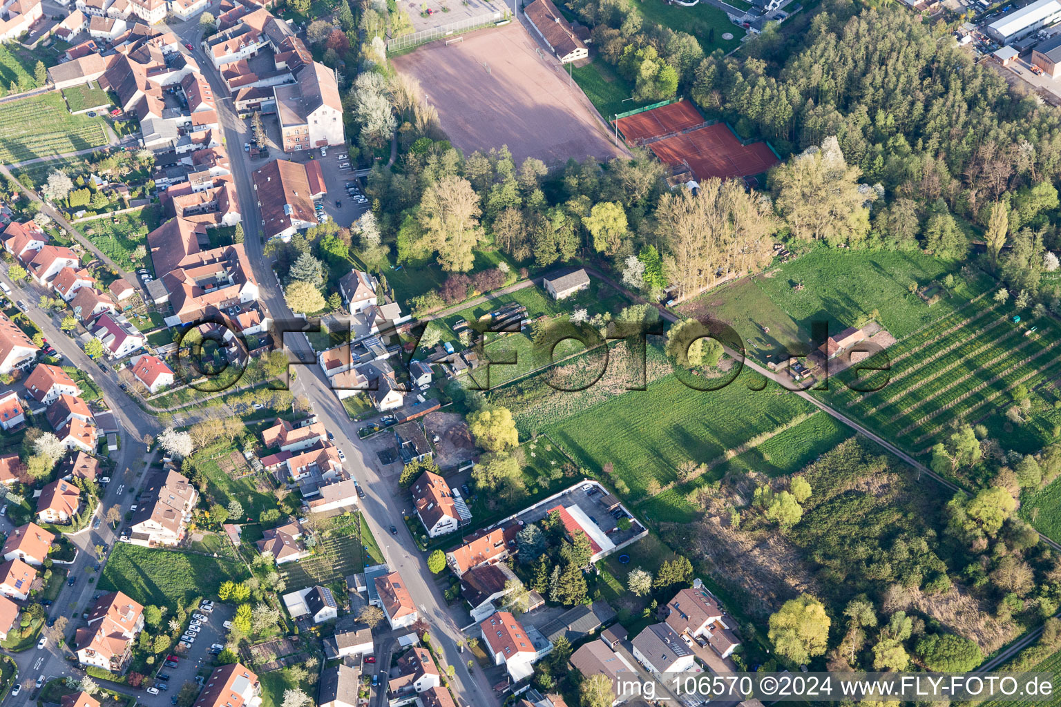 District Godramstein in Landau in der Pfalz in the state Rhineland-Palatinate, Germany seen from a drone