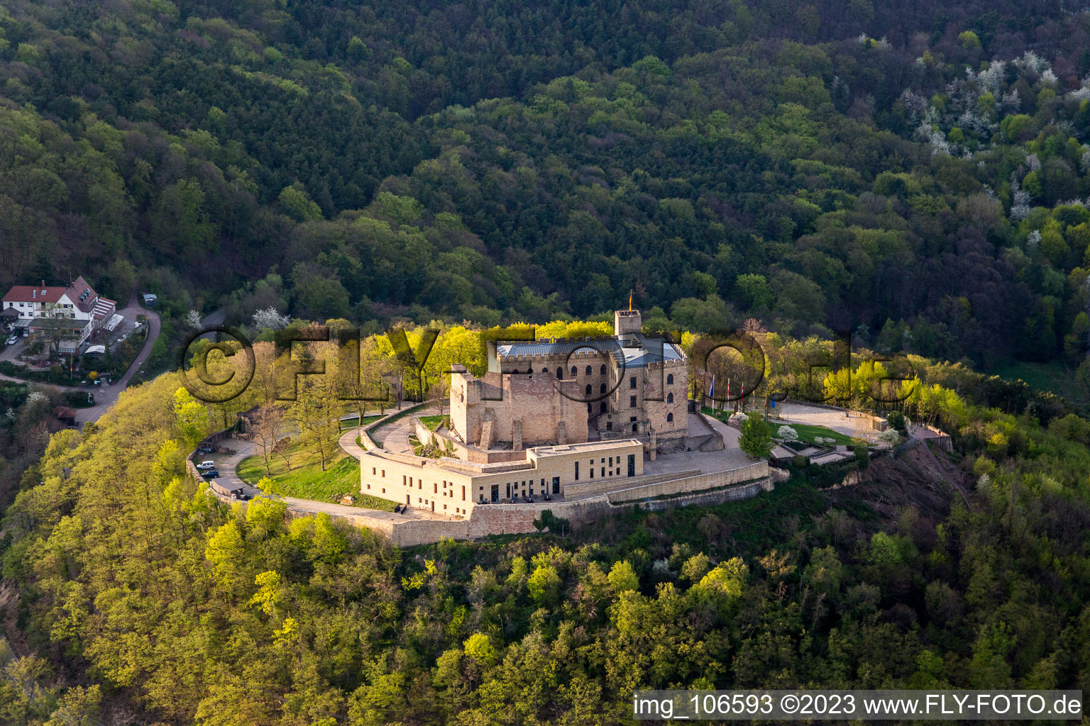 Oberhambach, Hambach Castle in the district Diedesfeld in Neustadt an der Weinstraße in the state Rhineland-Palatinate, Germany seen from above