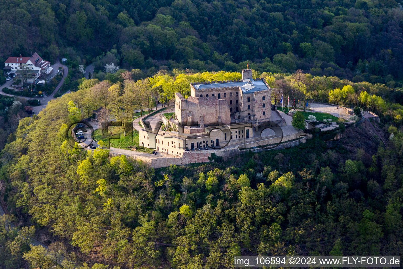 Oberhambach, Hambach Castle in the district Diedesfeld in Neustadt an der Weinstraße in the state Rhineland-Palatinate, Germany from the plane