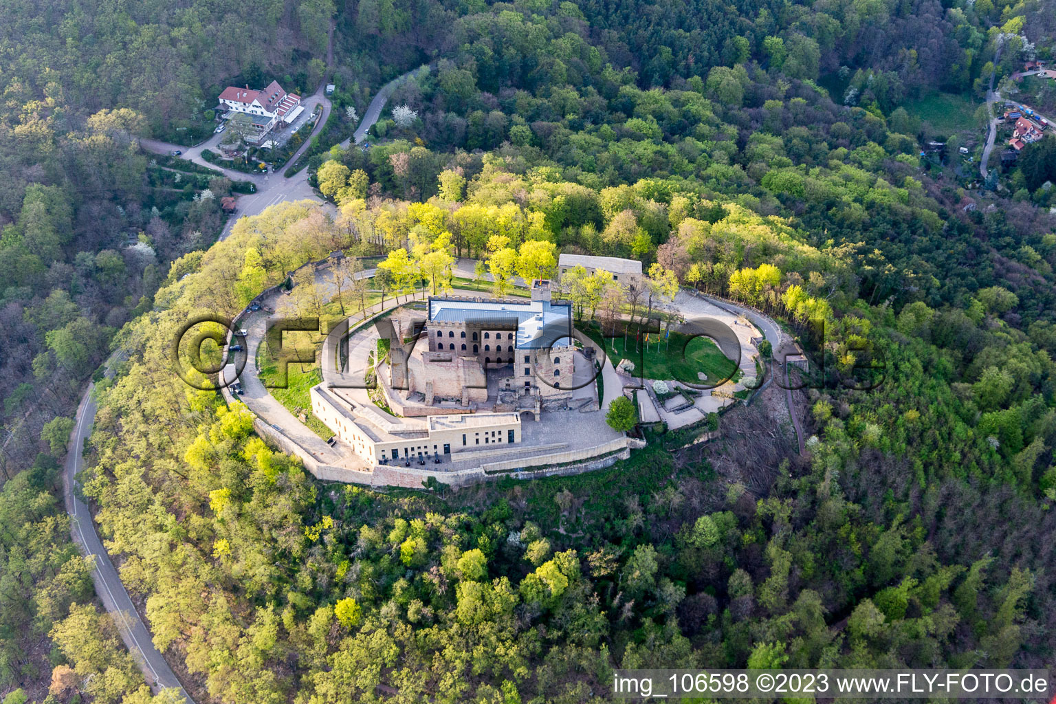 Oberhambach, Hambach Castle in the district Diedesfeld in Neustadt an der Weinstraße in the state Rhineland-Palatinate, Germany viewn from the air