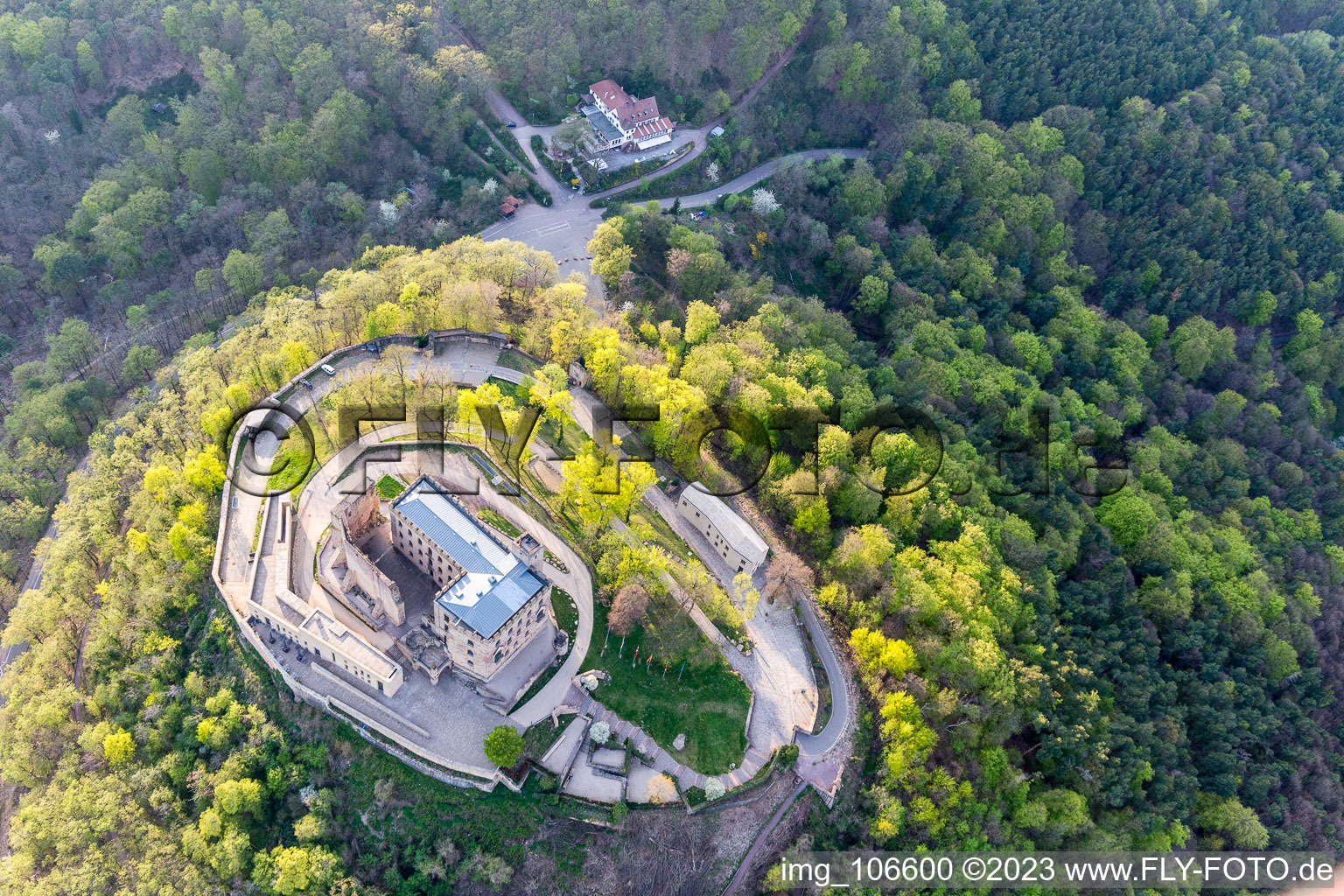 Drone recording of Oberhambach, Hambach Castle in the district Diedesfeld in Neustadt an der Weinstraße in the state Rhineland-Palatinate, Germany