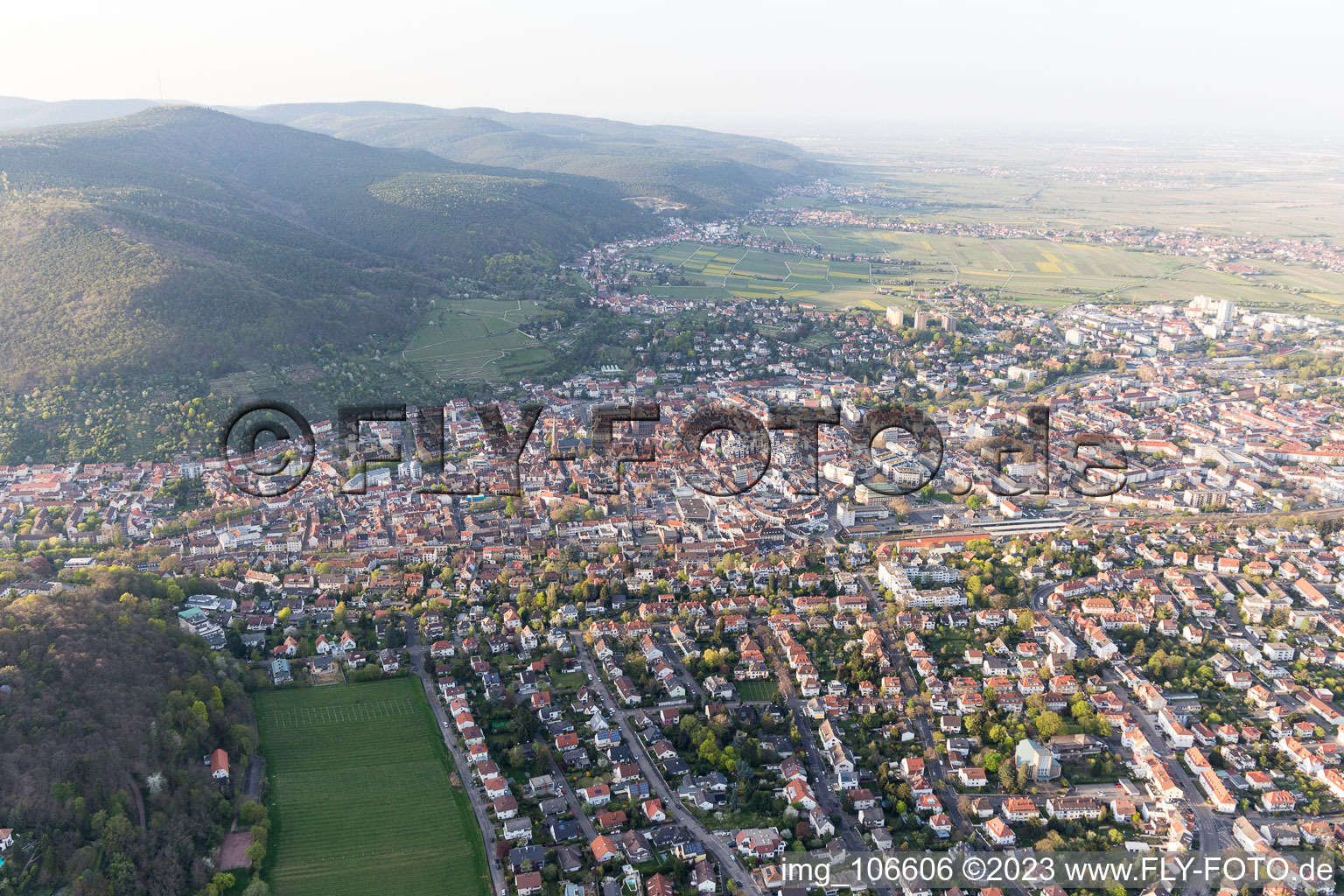 Neustadt an der Weinstraße in the state Rhineland-Palatinate, Germany seen from a drone