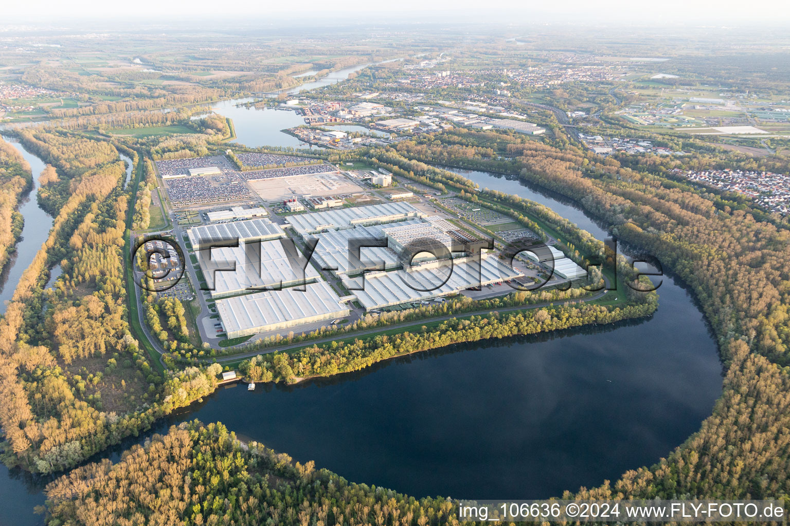 Drone recording of Island Green in Germersheim in the state Rhineland-Palatinate, Germany