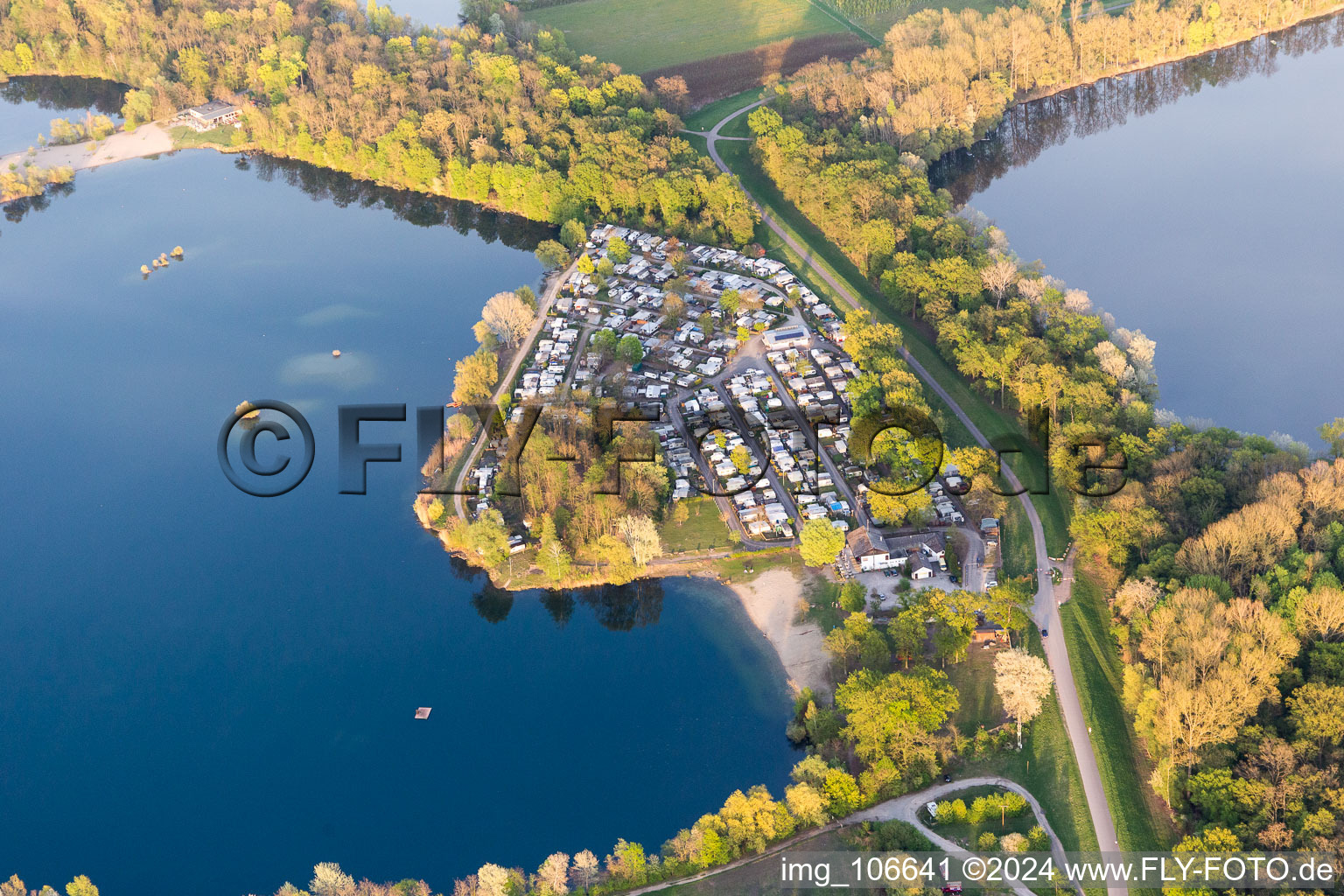 Aerial view of Quarry lake in Lingenfeld in the state Rhineland-Palatinate, Germany