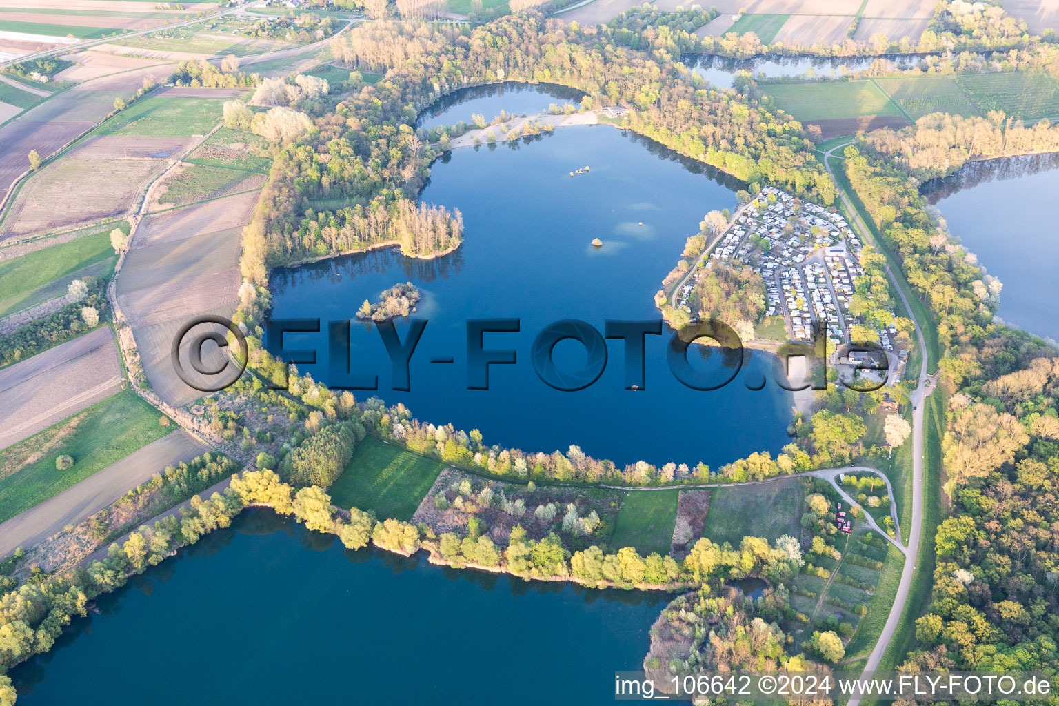 Aerial photograpy of Quarry lake in Lingenfeld in the state Rhineland-Palatinate, Germany