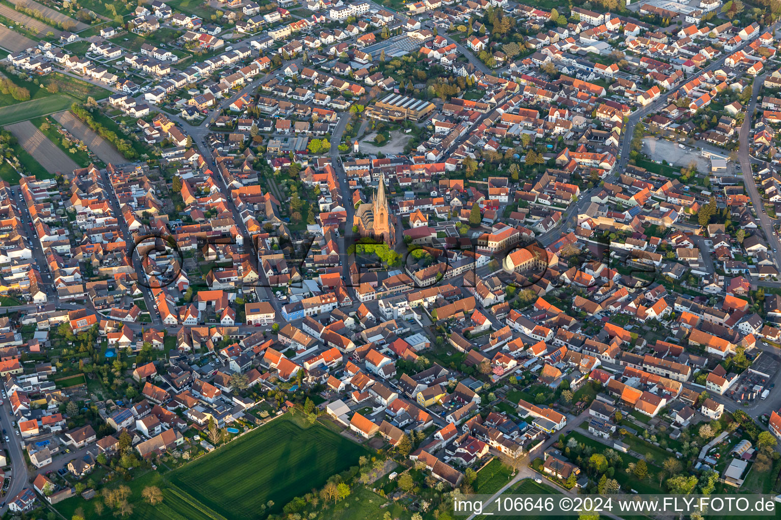 Aerial view of Town View of the streets and houses of the residential areas in Rheinsheim in the state Baden-Wurttemberg, Germany
